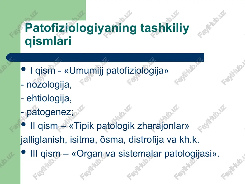 (yo'ќolgan funktsiyalarning kompensatsiyasi) kasallik tasniflash asoslari sababga ko'ra patogenez asosiy bosќichiga ko'ra xastalik lokalizatsiyasiga ko'ra kasallar yoshiga ko'ra kasallik davomiyligiga ko'ra turlari jadal rivojlanuvchi (minut-soat) darxol rivojlanuvchi(soat-3-4 kun) o'tkir rivojlanuvchi (5-14 kun) tez rivojlanuvchi (15-40 kun) surunkali (oy-yil)