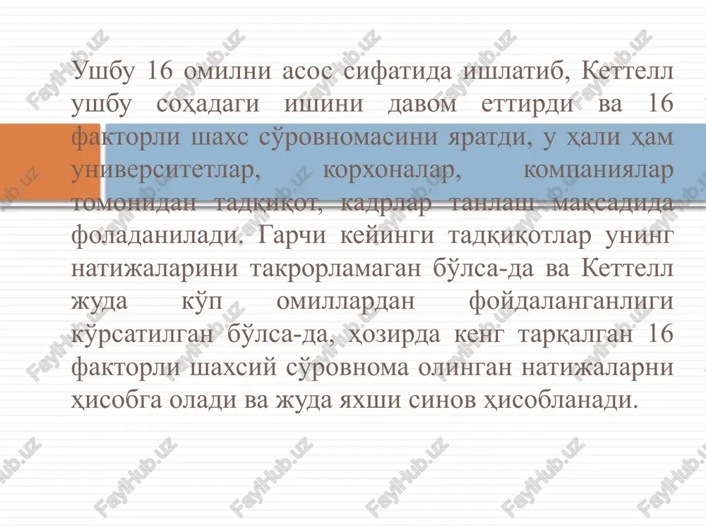 , vaximachi d+ta'sirchanlik bezovtalik sabrsizlik, namoyishkorlik, faollik, rashkchilik, uzi yukori baxolash, bekarorlik, andishasizlik d- lokaydlik vazminlik xotirjamlik, kanoatlilik, lokaydlik, rashksizlik, uz-uzini tankid kilishlilik, barkarorlik, xushmuomala e+ dominantlilik tirishkoklik, gayratli, mustakillik, uziga ishonuvchanlik, maktanchoklik, ekstrapunitivlik, kupollik, andishasizlik, botirlik, janjalkashlik, kaysarlik e-konformlik itoatkorlik, tobelik buysinishlik, uziga ishonmaslik, kamtarlik, intrapunitivlik yoki impunitivlik, xushmuomalalik, tortinchoklik, extiyotkorlik, xayrixoxlik, itoatkorlik f+ surgency beparvolik, kirishimlilik, serxarakatlilik, kupgaplilik, xotirjamlik, jonlilik, epchillik, ishonuvchanlik, moslashuvchanlik f- desurgency sertashvish gam-gussa, kupchilikdan kochish, apatiya, indamaslik, bexalovatlik, sustkashlik, extiyotkorlik, shubxalanuvchanlik, printsiplarga kattik yopishib olishlilik g+ «men-ortik» kuchi yukori insoflilik barkarorlik, tirishkoklik, majburiyatlilik, intizomlilik, ixchamlilik, xushaxloklilik, ma'suliyatlilik, odamlarga jonkuyarlik, tartibga talabchanlik g- «men-ortik» kuchsizlik noinsoflilik bekarorlik, uzgaruvchanlik, engiltabiatlilik, uz xoxishlariga erk bermoklik, beparvolik, axloksizlik, ma'suliyatsizlik, kundalik xayotda pala-partishlik, landavurlik h+ parmia jasurlik kirishimlilik, karama-karshi jins vakili xuzurida jonlanishlilik, kuyinchaklilik, emotsionallik va artistlik, xayrixoxlik, ta'sirchanlik, betashvish, omma oldiga chikishga moyillik h- threcita jur'atsizlik tortinchoklik,karama-karshi jins vakili oldida xijolat tortish, vazminlik, kizikishlarni chegaralash, adovatlik, extiyotkorlik, xayot …