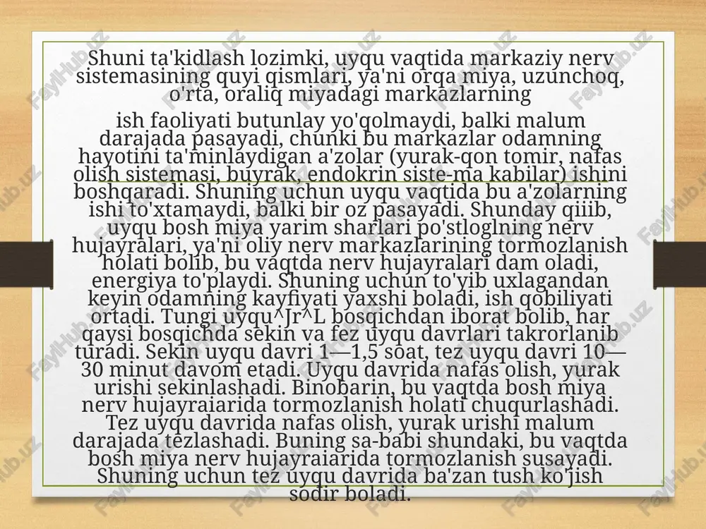 ub'yektiv psixik hodisa. chuqur uyqu vaqtida bosh miya po'stloq qismining nerv hujayralari butunlay tormozlanadi va bunda tush ko'rilmaydi. uyqu yuzaki bo'lganida bosh miya po'stlog'ining ayrim qismlaridagi5 ayniqsa ensa qismidagi ko'rish markazining nerv hujayralari to'liq tormozlanmaydi, ya'ni ularning ba'zilari kuchsiz qo'zg'alish holatida bo'ladi. ana shu vaqtda tush ko'rish sodir bo'ladi. tush ko'rish asosan tez uyqu davrida yuzaga keladi. tush ko'rish odamning ko'rgan-kechirganlari, maqsadlari, istaklari kabilaming bosh miya po'stlog'i markazlaridagi izlarining tiklanishidir. i. m'f sechenov «tush ko'rish — bu odam ko'rgan-kechirganlari ta'sirining uyqu vaqtida aralash-quralash holdagi ko'rinishidir» degan edi. image7.jpeg image8.jpeg image9.jpeg image10.jpeg image3.png image4.png /docprops/thumbnail.jpeg
