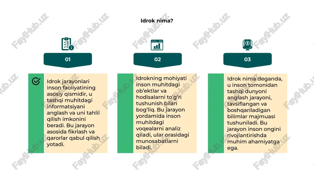 artibga solishni o'z ichiga oladi, bu bilim olishdagi muhim qism hisoblanadi. idrok va uning turlari idrok jarayonlari inson fikr qilishida muhim rol o'ynaydi, ular ob'ektlar va hodisalarni anglashga yordam beradi. turli xil turlar mavjud, masalan, sezgich va tafakkuriy. bilish jarayonlarining xususiyatlari muvofiqlik, faollik va ma'lumotlarning tanlanishi bilan belgilanadi. bu jarayonlar inson bilimini shakllantirishda asosiy omil bo'ladi. idrok va uning turlari inson faoliyatini va fikrlash usullarini yaxshilashga yordam beradi. ular orqali inson muhit dasturlarini chuqurroq anglaydi va to'g'ri qarorlar qiladi. bilish jarayonlarining psixologik asoslari 01. bilish jarayonlari psixologik asoslariga oid idrok va uning mohiyati, insonning bilish imkoniyatlari va qobiliyatlarini ochib beradi, fikrlash va tuyg‘ular bilan bog‘liq. idrok jarayonlari inson faoliyatining muhim qismidir, ular muhitni to‘g‘ri anglash va uni tushunishga yordam beradigan asosiy mexanizmlardir, bilim olishda katta ahamiyatga ega. bilish jarayonlarining xususiyatlari, ular inson uchun qanday ahamiyatga ega ekanligini, psixologik jihatlarini bilish bilan yuksak rivojlanishga xizmat qiladi. 02. 03. muhit va idrok …