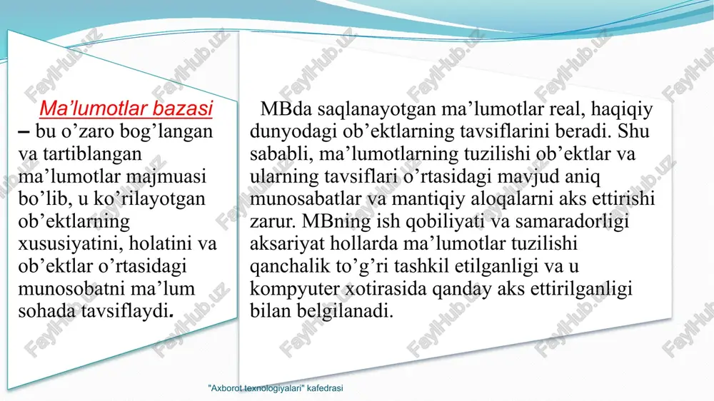 jadvalida yuk. ‘xodim’ jadvalida ‘lavozim’, ‘bo’lim’ ‘bo’lim’ jadvalida ‘yuk’ ‘pasport’ jadvalida ‘id’ "axborot texnologiyalari" kafedrasi bog’lanishlar: ‘lavozim’ jadvalining birlamchi kaliti ‘id’ va ‘xodim’ jadvalining ikkilamchi kaliti ‘lavozim’ ‘birga-ko’p’ bog’langan. ‘bo’lim’ jadvalining birlamchi kaliti ‘id’ va ‘xodim’ jadvalining ikkilamchi kaliti ‘bo’lim’ ‘birga-ko’p’ bog’langan. ‘xodim’ jadvalining birlamchi kaliti ‘id’ va ‘pasport’ jadvalining ikkilamchi kaliti ‘id’ ‘birga-bir’ bog’langan. "axborot texnologiyalari" kafedrasi "axborot texnologiyalari" kafedrasi relyatsion ma’lumotlar bazasi qanday ko’rinishga ega bo’ladi? jadval shaklida tuzilgan ma’lumotlar ko’rinishida ketma-ket tuzilgan ma’lumotlar ko’rinishida. satrlar bo’yicha tuzilgan ma’lumotlar ko’rinishida. sonli ma’lumotlardan iborat ma’lumotlar ko’rinishida. "axborot texnologiyalari" kafedrasi mbbt nima? mbni yaratish va uni saqlab turish va foydalanuvchilarni undan foydalanishini ta’minlaydigan dasturlar majmuasi. relyastion mbni boshqarish relyastion mbni boshqarishni va undagi o’zaro bog’langan ma’lumotlar ustida bajariladigan operastiyalarni amalga oshirishni nazorat qiluvchi tizimi. ma’lumotlar modelini tuzuvchi tizim. "axborot texnologiyalari" kafedrasi relyatsion ma`lumotlar bazasining asosiy tushunchalari aniqlang? jadval, ustun, qator, birlamchi kalit. jadval, atribut, yozuv jadval, ustun, qator. jadval, ustun, …