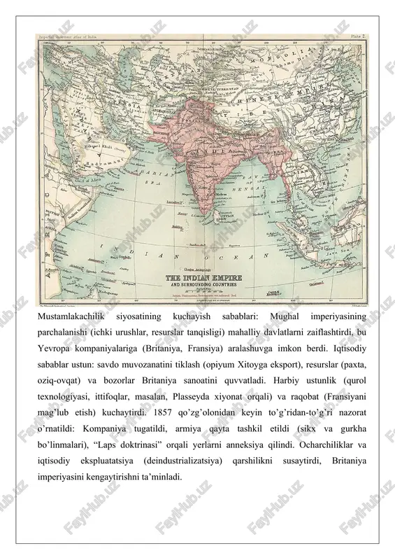 boburiylar sulolasi xvii asrning ikkinchi yarmida, xususan, avrangzeb hukmronligi (1658–1707) davrida o’zining eng yuqori cho’qqisiga chiqdi, ammo bu davrning oxiriga kelib imperiya ichki va tashqi bosimlar ta’sirida zaiflashishni boshladi. avrangzebning uzoq muddatli hukmronligi davomida imperiya hududi kengaydi, ammo bu kengayish katta xarajatlarni talab qildi va markaziy hokimiyatni susaytirdi. imperatorning o’limidan keyin vorislar orasidagi kurashlar va hokimiyatni qo’lga kiritish uchun bo’lgan urushlar sulolaning asosiy zaifligini ko’rsatdi.avrangzebning o’limidan so’ng, uning uch o’g’li – bahodir shoh i, muhammad azam shoh va muhammad kam baxsh – orasida vorislik urushi (1707–1709) boshlandi. bahodir shoh i 1707 yilda jajau jangida azam shohni mag’lub etib, uning o’g’illari bilan birga o’ldirdi. keyinchalik, 1708 yilda haydarobod yaqinidagi jangda kam baxshni ham yengdi, bu voqea imperiyaning janubiy viloyatlaridagi xazinalarni qo’lga kiritishga urinishlar va qo’shinlarning qochishi bilan bog’liq edi. bahodir shoh i taxtga o’tirganidan keyin ma’muriy islohotlarni amalga oshirdi va otasining ortodoksal islom siyosatini bekor qildi, ammo uning 1712 yildagi o’limidan …
