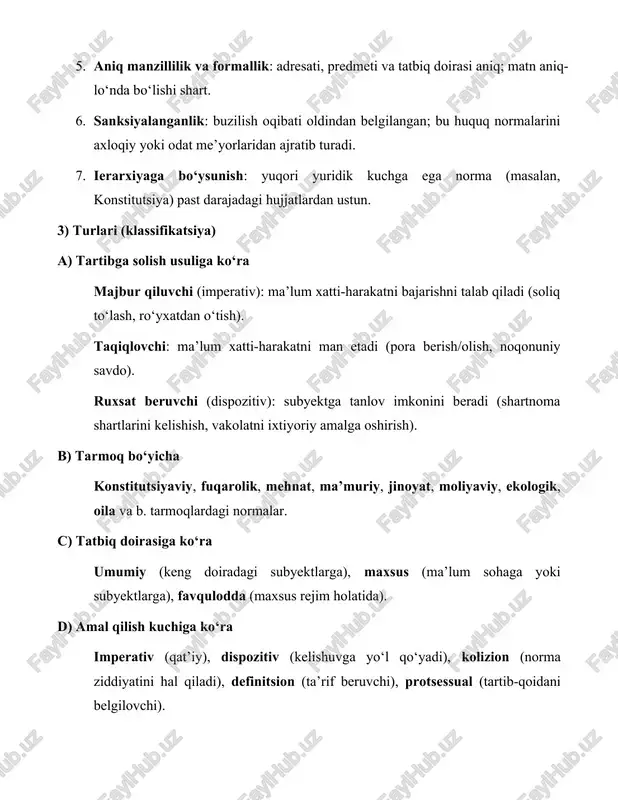 rish: fuqarolarda “nima mumkin/nima mumkin emas” mezoni. axborot-kommunikativ qoidalar jamiyatga aniq signal beradi: tartib, taqiqlar, ruxsatlar, jarayonlar. koordinatsion va integratsion turli manfaatlarni muvofiqlashtiradi, ijtimoiy tizimning barqarorligi va ichki uyg‘unligini ta’minlaydi. prognozlovchi va profilaktik kutiladigan xulqni oldindan belgilab, nizolarni oldini oladi. legitimatsiya va ishonch qonuniy tartib “o‘yin qoidalari”ni aniq qilib, iqtisodiy va ijtimoiy ishonchni oshiradi (investitsiyalar, tadbirkorlik muhitiga ijobiy ta’sir). 6) manbalar va ierarxiya (qisqacha) konstitutsiya → konstitutsiyaviy qonunlar → kodekslar va qonunlar → prezident farmonlari, hukumat qarorlari → idoraviy normativ hujjatlar → mahalliy normativ hujjatlar. xalqaro shartnomalar — ratifikatsiya qilingan taqdirda milliy huquq tizimi bilan uyg‘un qo‘llanadi. sud amaliyoti va rasmiy izohlar — qo‘llash va talqinni aniqlashtiradi. 7) amal qilish shartlari (yaroqlilik va samaradorlik) yuridik kuch (to‘g‘ri qabul qilinganmi?), aniqlik (matnning ravshanligi), moslik (yuqori darajadagi normalar bilan zid emasmi?), oshkoralik (e’lon qilinganmi?), ijro mexanizmi (institutsional quvvat). samaradorlik ko‘rsatkichlari: maqsadga erishish darajasi, ijro xarajatlari, adolat va tenglik, fuqarolar ishonchi, nizo-statistika, sud …