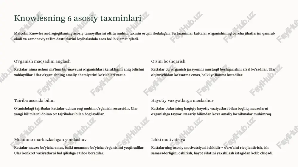 yangi platformalarni o'zlashtirish kattalar o'rganishida ijtimoiy va emotsional omillar kattalar o'rganishi faqat kognitiv jarayonlar bilan cheklanmaydi. ijtimoiy va emotsional omillar ham o'rganish samaradorligiga katta ta'sir ko'rsatadi. stress darajasi, tashvish hissi, ijtimoiy qo'llab-quvvatlash va shaxsiy hayotiy vaziyatlar – bularning barchasi o'rganish jarayoniga bevosita ta'sir qiladi. stress va tashvish yuqori stress darajasi o'rganish qobiliyatini pasaytiradi. kattalar ko'pincha ish, oila va ta'lim o'rtasida muvozanat saqlashga harakat qilishadi. qulay va xavfsiz o'rganish muhiti yaratish juda muhimdir. ijtimoiy qo'llab-quvvatlash oila a'zolari, hamkasblar va o'qituvchilarning qo'llab-quvvatlashi kattalar uchun katta ahamiyatga ega. guruh muhiti va hamfikrlar bilan muloqot o'rganish motivatsiyasini oshiradi va bilimlarni mustahkamlaydi. maqsadlar va hayotiy vaziyatlar uyg'unligi o'rganish maqsadlari kattalarning haqiqiy hayotiy ehtiyojlari va vaziyatlariga mos kelishi kerak. agar ta'lim ularning shaxsiy yoki professional maqsadlariga xizmat qilmasa, motivatsiya tezda pasayadi. rag'batlantirish va qo'llab-quvvatlash muntazam ijobiy fikr-mulohazalar, yutuqlarni e'tirof etish va qiyinchiliklarda yordam berish kattalar o'rganishini samarali qiladi. o'qituvchilarning empatiyasi va tushunishi muhim rol o'ynaydi. emotsional …