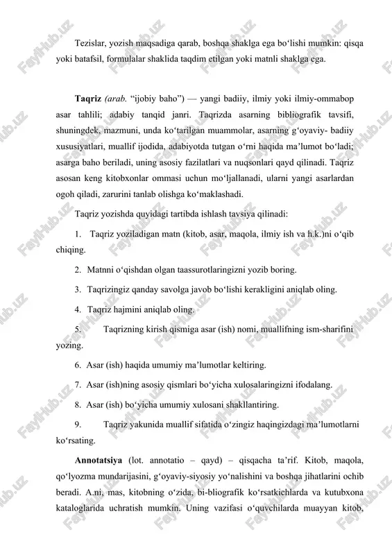 (lot. annotatio – qayd) – qisqacha taʼrif. kitob, maqola, qoʻlyozma mundarijasini, gʻoyaviy-siyosiy yoʻnalishini va boshqa jihatlarini ochib beradi. a.ni, mas, kitobning oʻzida, bi-bliografik koʻrsatkichlarda va kutubxona kataloglarida uchratish mumkin. uning vazifasi oʻquvchilarda muayyan kitob, maqola, qoʻlyozma toʻgʻrisida umumiy ta-savvur tugʻdirish va ularga adabiyotlar tanlashda yordam koʻrsatishdir. matn mazmunining qisqacha bayoni (rezyume), uning tuzilishi va ifoda materialining xususiyatlari. hozirgi paytda ko'plab zamonaviy tashkilotlar va ayniqda xalqaro korxonalar ishga hujjat topshirayotgan shaxslardan rezyume yuborishlarini talab qilishadi. rezyume nima? rezyume fransuzcha “résumé” so'zidan kelib chiqqan va sodda qilib aytganda qisqacha izoh ma’nosini bildiradi. rezyume ishga hujjat topshirayotgan shaxs to'g'risida ma’lumotni taqdim etadi- uning ismi, ma’lumot darajasi, ish tajribasi, qizishlari va h.k. rezyume hozirgi kunda ishga qabul qilish jarayonida eng muhim hujjat hisoblanadi.o'zbek tilida bunday hujjat “tarjimai hol” va “shaxsiy ma’lumotnoma” deb ham atalishi mumkin, lekin rezyumening shakli bu hujjatlardan biroz farqlidir. rezyume asosan ish izlovchilar tomonidan ishga topshirayotganda yuboriladigan hujjat hisoblanadi, lekin u …