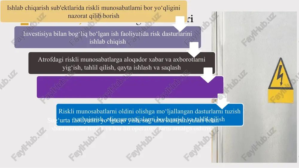 ysi zaif tomonlaringiz sizga tahdid solidi? imkoniyatlar: qanday holatlar sizga ijobiy ta’sir qiladi? qanday imkoniyatlarga egasiz? siyosiy barqarorlik; mukammal qonunchilik va huquqiy asos; qulay mehnat va soliq qununchiligi; qulay xorijiy investitsiy siyosati; ta’minlangan xavsizlik iqtisodiy o’sish; aholi jon boshiga yaim ulushi; xarid qobiliyati pariteti; foiz va inflayatsiya stavkasi; valuta barqarorligi va valuta kursi; ishsizlik darajasi; savdo balansi; investitsiya imkoniyatlari aholi o’sish miqdori, aholi zichligi; madaniy ijtimoiy hayot tarzi; boshlang’ich va oliy ta’lim; inson tarqqqiyot indeksi; ijtimoiy himoya va xavsizlik texnologik rivojlanish; innovatsiyalar; research and development; tajribali resurslar; yangi texnologiyalarni oson va tez qabul qila olish; informatsion texnologiyalar 04 risklarni baholash-business modeli ilovalar jarayon texnologiyalar manzil ma’lumotlar risklarni tahlil qilish - bu biznesda va boshqa ko'plab sohalarda yuzaga keladigan noaniqliklar va xavflarni tizimli o'rganish. risk tahlilchilari xavflarni aniqlashga, ular qanday va qachon paydo bo'lishini tushunishga va salbiy natijalarning ta'sirini (moliyaviy yoki boshqa) baholashga intiladi. sifat va miqdor risk analizining farqlari miqdoriy …
