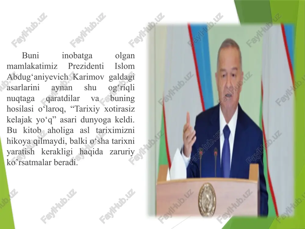 rku fayzini, mahobatini yo’qotmagan osori atiqalarimiz qadim-qadimdan yurtimizda dehqonchilik, hunarmandchilik madaniyati, me’morchilik va shaharsozlik san’ati yuksak bo’lganidan dalolat beradi. beshafqat davr sinovlaridan omon qolgan, eng qadimgi toshyozuvlar, bitiklardan tortib, bugun kutubxonalarimiz xazinasida saqlanayotgan 20 mingdan ortiq qo’lyozma, ularda mujassamlashgan tarix, adabiyot, san’at, siyosat, axloq, falsafa, tibbiyot, matematika, fizika, kimyo, astronomiya, me’morchilik, dehqonchilikka oid o’n minglab asarlar bizning beqiyos ma’naviy boyligimiz, iftixorimizdir. ota-bobolarimizning asrlar davomida to’plagan hayotiy tajribalari, diniy, axloqiy, ilmiy qarashlarini o’zida mujassam etgan bu nodir qo’lyozmalarni jiddiy o’rganish davri keldi. chunki, o’zingizga ma’lum, sho’rolar zamonida tarixiy haqiqatni bilishga intilish rag`batlantirilmas edi, hukmron mafkura manfaatlariga xizmat qilmaydigan manbalar xalq ko’zidan iloji boricha yiroq saqlanardi. ikkinchi masala shundan iboratki, biz komil inson tarbiyasini davlat siyosatining ustuvor sohasi deb e’lon qilganmiz. komil inson deganda biz, avvalo, ongi yuksak, mustaqil fikrlay oladigan, xulq-atvori bilan o’zgalarga ibrat bo’ladigan bilimli, ma’rifatli kishilarni tushunamiz. ongli, bilimli odamni oldi-qochdi gaplar bilan aldab bo’lmaydi. u har bir narsani …