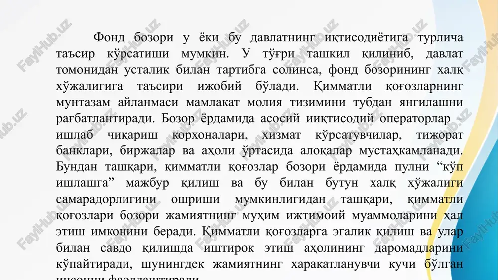 oliyati pasayadi. 7. kimmatli kogozlarni likvidligi bilan bog'liq risklar – kimmatli kogozlar sifatini o'zgarishi, qimmatli qog'ozlarni sotish bahosining o'zgirishi yoki komission haqning o'zgarishi bilan bog'liqdir. likvid bo'lmagan aktivlar yuqori foyda keltirmaydi va qimmatli qog'ozlarni sotishda ularning bahosining pasayishiga olib keladi. 8. kredit bilan bog'liq bo'lgan risklar – qimmatli qog'ozlarni chiqargan yuridik shaxsning to'lov qobiliyatining pasayishi bilan bog'liqdir. 9. valyuta bilan bog'liq bo'lgan risklar – bu kimmatli kog'ozlarni sotib olishda valyuta kursining o'zgarishi bilan bog'liqdir. 10. konvertatsiya bilan bog'liq bo'lgan risklar – bu imtiyozli aktsiyalarni, obligatsiyalarni oddiy aktsiyalarga aylantirish jarayonida yuzaga keladi. 11. tarmoq riski – bir tarmoqdagi korxonalar o'zaro raqobatda yaxshi natijalarga erishish uchun qo'shimcha moliyaviy mablag'larni sarflaydilar natijada investitsiyaning daromadligi pasayadi. 12. katostrafik risk – tadbirkorlarning qo'pol xatolari natijasida korxonaning bankrotlik holati bilan bog'liqdir. 13. chet el mamlakatlarida joylashtirilgan qimmatli qog'ozlarlar riski – bu qimmatli qog'ozlarni moliyaviy jihatdan o'ziga mustahkam bo'lmagan mamlakatlarda joylashtirish bilan bog'liq. bu mamlakatning siyosiy, ijtimoiy, …
