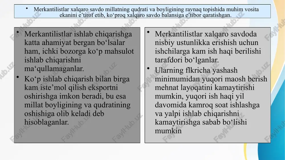 a har qanday tashqi savdoni man etish talabini ilgari surdi. u davlatning iqtisodiyotga faol aralashuvini - jamg‘armani ko‘paytirishning, mamlakat xo‘jaligini mustahkamlash va rivojlantirishning asosiy omili sifatida qaradi. u manufakturani rivojlantirish, hunarmandchilik maktablari tashkil etish, mahsulotlar sifatini yaxshilash, o‘z mamlakati savdogarlariga tashqi savdoda monopol huquq berish, mamlakatda ishlab chiqarilgan tovarlar savdosini kengaytirish bilan fransiya bozoridan xorijiy savdogarlarni siqib chiqarishni taklif qildi. a.monkreten xorijiy savdogarlami mamlakat boyligini so‘rib oluvchi nasosga taqqoslaydi. a.monkreten dasturi fransiya tashqi savdosini kengaytirishni ko‘zda tutadi, u nisbatan monetarizm g‘oyasini, shuningdek, savdo balansi konsepsiyasini aks ettiradi. merkantilizm iqtisodiy ta’limot va davlat siyosati sifatida fransiyada ancha rivoj topdi. fransiyada merkantilizm vakillaridan biri, mashhur “siyosiy iqtisod traktati” (1615) asarining muallifi antuan monkreten (1576-1621) hisoblanadi. fransiyadagi amaliy merkantilizmning eng yorqin vakili jan batist kolber (1619-1683) hisoblanadi. u fransuz qiroli lyudovik xiv saroyida moliya superintendanti (vaziri) vazifasida ishlagan va faol proteksionistik siyosatni olib borgan. keyinchalik j.b.kolber olib borgan iqtisodiy siyosat va fransuz merkantilizmi …