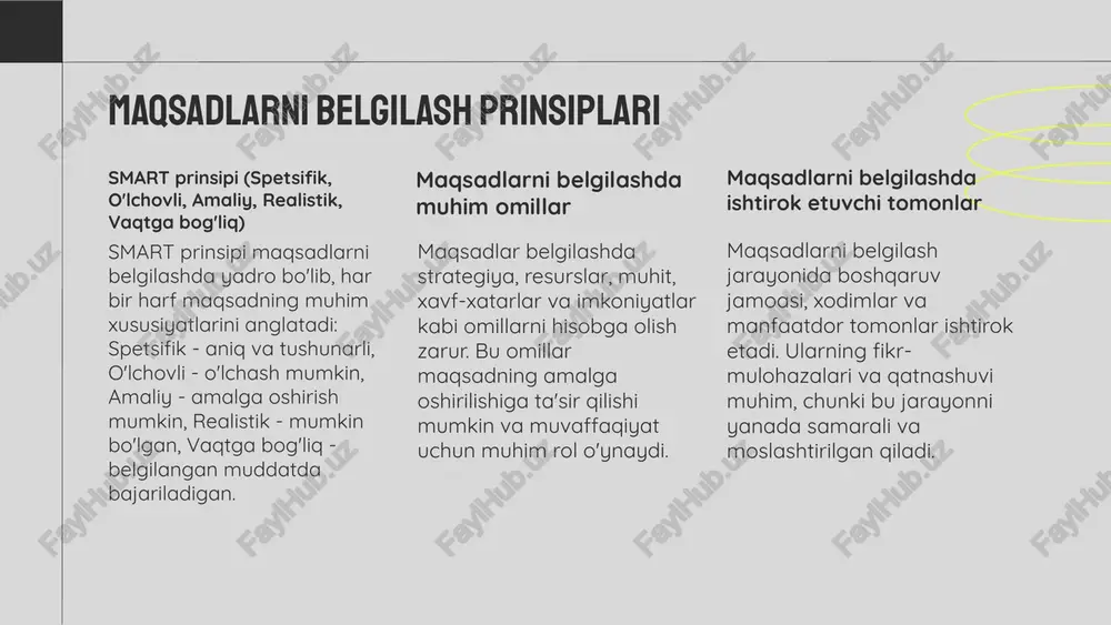 shtirish va qaror qabul qilishda asosiy rol o‘ynaydi. monitoring va nazorat maqsadlarni amalga oshirishda xatolar maqsadlarni amalga oshirish jarayonida tez-tez uchraydigan xatolar orasida noto'g'ri maqsadlarni belgilash, resurslarni noto'g'ri taqsimlash va vaqtni boshqarishda qiyinchiliklar bor. bu xatolar muvaffaqiyatga erishishni qiyinlashtiradi. xatolarni oldini olish uchun aniq va o'lchash mumkin bo'lgan maqsadlar belgilash, reja tuzish va monitoring qilish muhim. shuningdek, xatolarni tahlil qilish va ulardan o'rganish orqali kelajakda yanada samarali strategiyalar ishlab chiqish mumkin. 1 2 kelajakdagi strategiyalar kelajakda maqsadlarni amalga oshirish uchun innovatsion yondashuvlar va texnologiyalar muhim. sun'iy intellekt, ma'lumotlar analitikasi va avtomatlashtirish kabi vositalar yordamida o'zgaruvchan sharoitlarga moslashish, bozor tendensiyalarini monitoring qilish va tezkor qarorlar qabul qilish strategiyaning muvaffaqiyati uchun zarur. bu yondashuvlar uzoq muddatli muvaffaqiyatni ta'minlaydi. photo by mariia shalabaieva on unsplash maqsadlarni baholash jarayoni maqsadlarni baholash jarayoni maqsadlarning muvaffaqiyat darajasini aniqlash uchun muhimdir. bu jarayon quyidagi bosqichlardan iborat: maqsadlarni belgilash, natijalarni o‘lchash, tahlil qilish va takomillashtirish. har bir bosqichda …