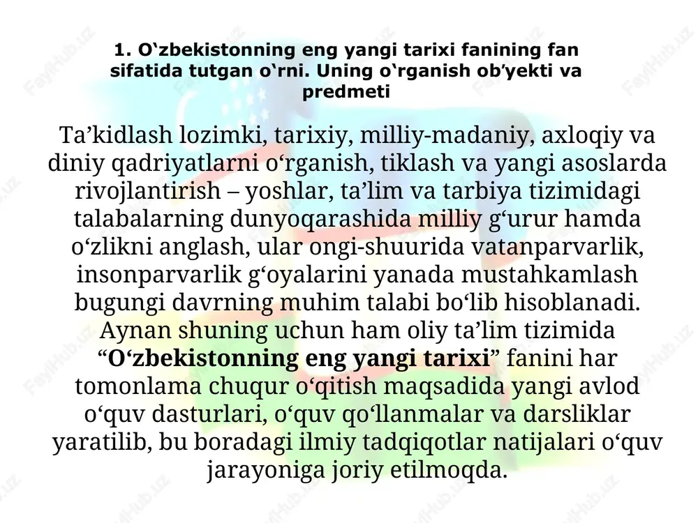 gi tarixi fanini o‘qitish metodologiyasi deganda bu yo‘nalishdagi ilmiy bilimlarning tuzilishi va rivojlanishi, ularning natijalarini asoslash yo‘llarini amaliyotga tadbiq etilishi, mazkur fanga xos bo‘lgan ilmiy bilimlar mexanizmining samarali usullari tushuniladi. metodologiya tushunchasi • o‘zbekistonning eng yangi tarixi fanining metodologik ilmiy-nazariy, g‘oyaviy va falsafiy asoslari. bunga quyidagilar kiradi: • din bilan dunyoviylik o‘rtasidagi mo‘tadil munosabat; • tarixning milliy, umuminsoniy, qaytarilmas hodisa hamda qadriyat ekanligi; • tarixga hozirgi zamon sivilizatsiyasi nuqtayi nazaridan turib, ilmiy va xolisona asnoda yondashish; • tarixiy taraqqiyot asosini evolyutsion – tadrijiy yo‘l va islohotchilik tashkil etadi deb bilish; • tarixga milliy mentalitet nuqtayi nazaridan, o‘zgalar tarixiga hurmat ruhida murojaat etish; • tarix, jamiyat va tabiat hamda insoniyat (barcha tarixiy voqelik va jarayonlar) dialektika hamda sinergetika qonuniyatlari asoslarida rivojlanishini anglash; • tarix milliy va umuminsoniy xotira, millat va xalqlarning maʼnaviy o‘zagi, tani hamda g‘oyaviy-mafkuraviy muhofaza quroli ekanligini tushunish. o‘zbekistonning eng yangi tarixi fani metodologiyasini quyidagi ikki qismga bo‘lish tavsiya …