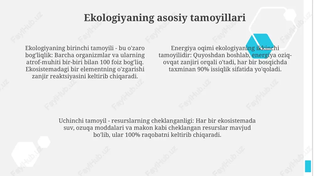 esurslardan oqilona foydalanish, ekologik zararni kamaytirish va aholining 2030-yilgacha farovonligini oshirish tushuniladi. o'zbekistonda ekologik vaziyat mamlakatda cho'llanish jarayoni keng tarqalgan bo'lib, yaylovlar degradatsiyasi natijasida har yili 50 ming gektardan ortiq yer cho'lga aylanib, bioxilma-xillikka xavf solmoqda. orol dengizining qurishi o'zbekistondagi eng katta ekologik muammo bo'lib, 40 ming km² dan ortiq maydon qurg'oqchillashib, mintaqa iqlimiga salbiy ta'sir ko'rsatmoqda. o'zbekistonda sanoat korxonalarining chiqindilari natijasida tuproq va suvning ifloslanishi yuqori darajada bo'lib, ayniqsa, surxondaryo viloyatida 10 ming gektardan ortiq yerlar zarar ko'rgan. ekologik ta'lim va tarbiya ekologik ta'limda, 5-9 sinflarda ekologik muammolarni o'rganish, 2030 yilgacha bo'lgan davrda barqaror rivojlanish maqsadlariga erishish uchun muhim rol o'ynaydi. ekologik tarbiya bolalarda 3 yoshdan boshlab tabiatga mehr uyg'otish, 10 asosiy ekologik qoidalarni o'rgatish orqali atrof-muhitga mas'uliyatli munosabatni shakllantiradi. ekologik ta'lim va tarbiya 2 xil shaklda, ya'ni formal (maktab) va noformal (seminarlar) shakllarda amalga oshirilib, 7 milliarddan ziyod aholi uchun barqaror kelajakni ta'minlaydi. e'tiboringiz uchun rahmat image1.png