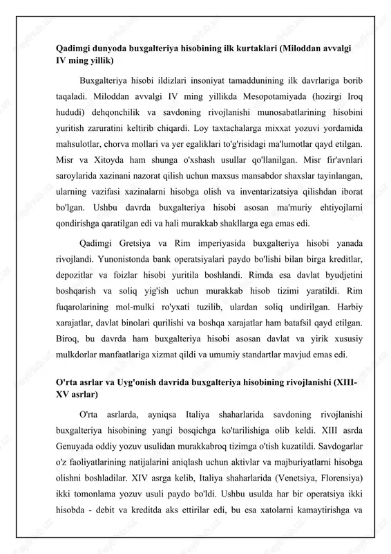 oshirdi. savdo-sotiqning o'sishi, bank tizimining rivojlanishi va xalqaro aloqalarning mustahkamlanishi pachioli tizimining tez tarqalishiga va buxgalteriya hisobi sohasining professionallashuviga olib keldi. 📈 iqtisodiy rivojlanish va savdo-sotiqning buxgalteriya hisobi va auditga ta'siri (1500-2000) ushbu chizma iqtisodiy rivojlanish va savdo hajmining o'zgarishi buxgalteriya hisobi va auditning rivojlanishiga qanday ta'sir etganini ko'rsatadi. qonunchilik va tartibga solishning ta'siri buxgalteriya hisobi va auditning rivojlanishiga ta'sir etuvchi muhim omillardan yana biri davlat tomonidan qabul qilingan qonunchilik va tartibga solishlardir. xviii-xix asrlarda sanoat inqilobi davrida korxonalarning o'sishi va moliyaviy bozorlarning rivojlanishi investorlarni himoya qilish va moliyaviy shaffoflikni ta'minlash zaruratini tug'dirdi. bu esa, aksiyadorlar manfaatlarini himoya qilish maqsadida, kompaniyalar tomonidan moliyaviy hisobotlarni e'lon qilish talabini o'z ichiga olgan qonunlarning qabul qilinishiga olib keldi. masalan, 1844-yilda buyuk britaniyada qabul qilingan kompaniyalar to'g'risidagi qonun (joint stock companies act 1844) birinchi marta kompaniyalarning moliyaviy hisobotlarini mustaqil auditorlar tomonidan tekshirish talabini qo'ydi. xx asrda, ayniqsa, 1929-yilgi buyuk depressiyadan keyin, moliyaviy hisobotlarning standartlashtirilishi …