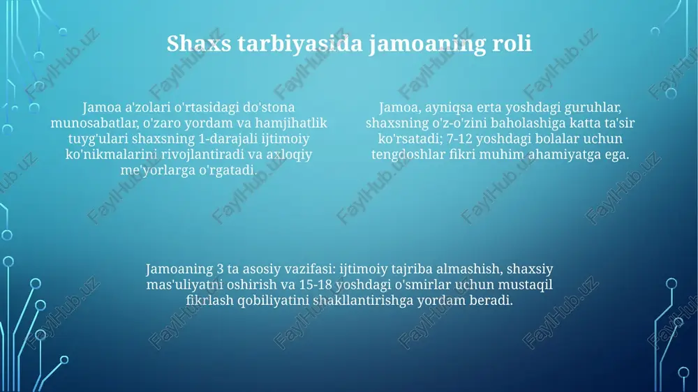 imkoniyatlar yaratish va 15% holatlarda maxsus ehtiyojlarni hisobga olish orqali ijobiy jamoaviy muhitni ta'minlash lozim. jamoada shaxsiy fazilatlarni rivojlantirish usullari shaxsiy fazilatlarni rivojlantirish maqsadida, har oyda 2 ta kasbiy trening o'tkazib, 3 ta eng yaxshi natijaga erishgan xodimlarni rag'batlantirish usuli samarali hisoblanadi. jamoada individual mahoratni oshirish uchun, har bir a’zoga o’zining kuchli tomonlarini ishlatishga imkon beradigan, aniq vazifalar taqsimoti orqali 360 daraja baholash tizimini qo'llash kerak. jamoa a'zolarining shaxsiy sifatlarini rivojlantirish uchun, bir-birining ishini muntazam ravishda tanqid qilish va 5 marta ijobiy fikr bildirish orqali motivatsiya berish muhim. jamoa tarbiyasining istiqbollari va vazifalari kelajakda jamoa tarbiyasi, har bir a'zoning 21-asr ko'nikmalarini (kreativlik, tanqidiy fikrlash) rivojlantirishga qaratilgan 3ta asosiy vazifani amalga oshiradi. jamoadagi tarbiya 2030-yilgacha bo'lgan davrda axloqiy qadriyatlarni shakllantirish, milliy g'ururni oshirish va 5ta muhim ijtimoiy mas'uliyatni singdirishni maqsad qiladi. jamoa tarbiyasining istiqbollari 2025-yilgacha har bir a'zoni 4ta turli xil ko'nikmalarga o'rgatishni o'z ichiga oladi, bu ularning jamiyatdagi faol ishtirokini …