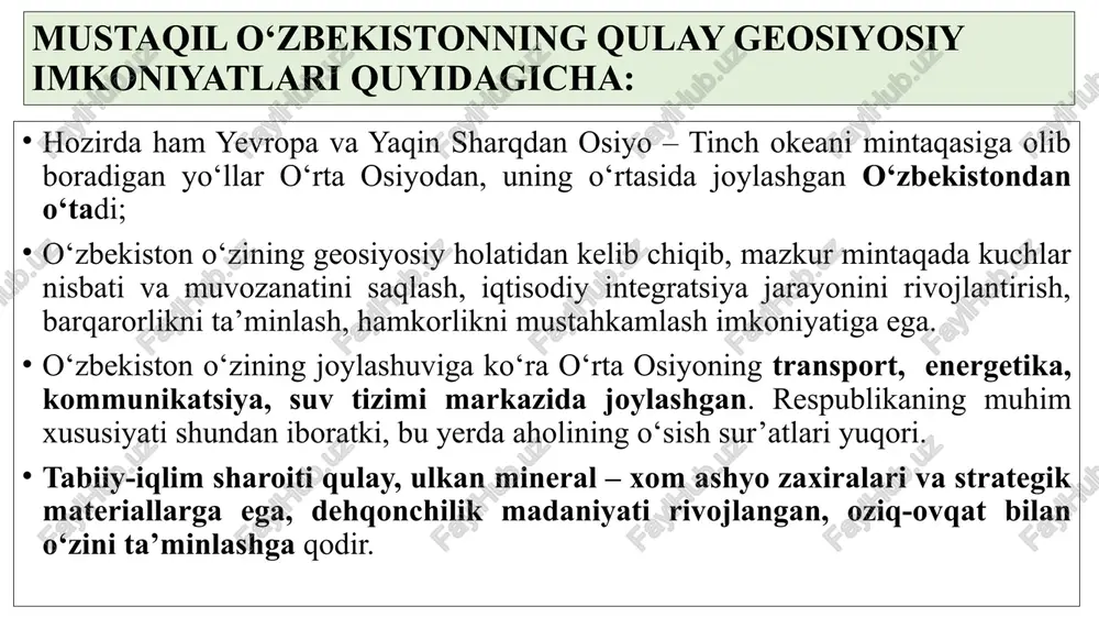 scoga a’zolikka qabul qilish marosimi bo'ldi. o'sha kuni mirzo ulug'bek tavalludining 600 yilligini nishonlash unesco dasturiga kiritildi. birlashgan millatlartashkiloti o‘zbekiston va bmt 1993 yil 28 sentyabrda o‘zbekistonning birinchi prezident islom karimov bmt bosh assambleyasining 48-sessiyasida bmt minbaridan turib so‘zlagan nutqida bir qator aniq takliflar kiritdi 1995 yilning 24 oktyabr nyu-yorkda bmt ning 50 yiligi munosabati bilan bo‘lib o‘tgan bosh assambleyaning maxsus tantanali yig‘ilishida birinchi prezident i.a. karimov nutq so‘zlab, afg‘onistondagi urush afg‘on xalqi boshiga mislsiz kulfatlar solganligini qayd etib, uni bartaraf etishga doir takliflarni ilgari surdi 13 o‘zbekiston respublikasi prezidenti shavkat mirziyoyev 2017-yil 19-sentabrda birlashgan millatlar tashkiloti bosh assambleyasining 72-sessiyasida nutq so‘zladi. unda bir qator masalalar, jumladan bmtning yoshlar huquqlari to‘g‘risidagi xalqaro konvensiyasini ishlab chiqish va bosh assambleyaning «ma’rifat va diniy bag‘rikenglik» deb nomlangan maxsus rezolyutsiyasini qabul qilish, markaziy osiyoda suv resurslaridan oqilona foydalanish, orol dengizi qurishi muammosi, qo‘shni mamlakatlar bilan yaxshi qo‘shnichilik munosabatlarini mustahkamlash masalalari, afg‘onistonda tinchlikka erishishning ma’rifi …