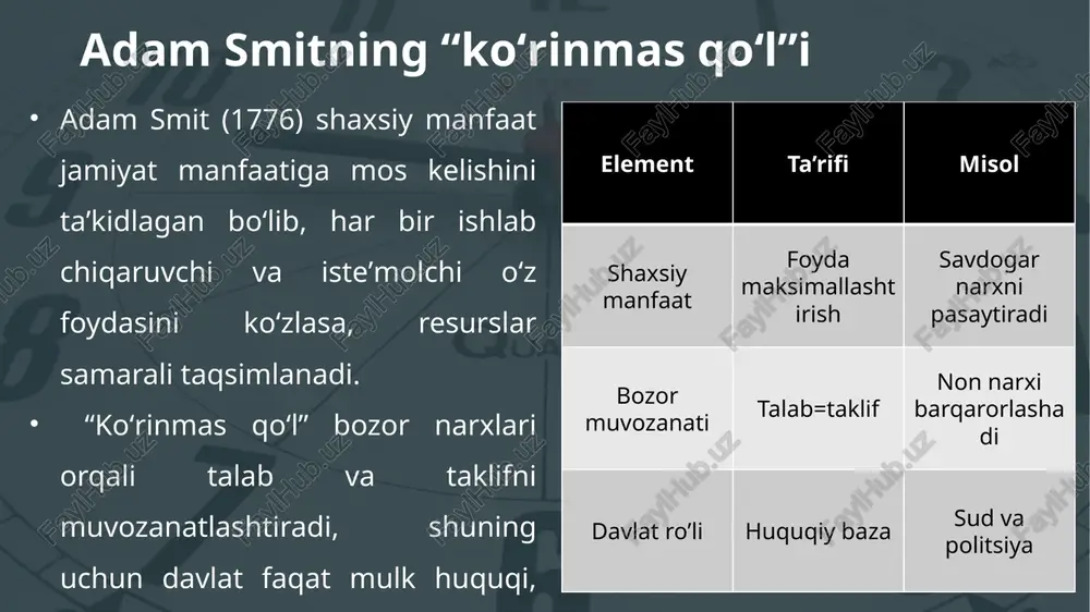 vfsizligini taʼminlaydi. - davlat korxonalari strategik sohalarda bozor muvaffaqiyatsizligini oldini oladi, lekin samarasizlik va byurokratiyaga olib kelishi mumkin. - privatizatsiya (masalan, oʻzbekistonda 2021-2025 yillarda 500+ korxona) samaradorlikni oshiradi, lekin ijtimoiy xizmatlar sifati pasayishi mumkin. - xitoyda davlat korxonalari gdpning 30% ni tashkil etadi, lekin foyda marjasi past. - davlat mulki va privatizatsiya muvozanati rivojlanish strategiyasiga bogʻliq. chegaralar va muammolar - davlat aralashuvi chegaralari byurokratiya, korruptsiya va resurslar notoʻgʻri taqsimlanishida namoyon boʻladi. - sobiq sssr markazlashgan rejalashtirish tizimi innovatsiyalarni cheklab, 1991-yilda iqtisodiy inqirozga olib keldi. - haddan tashqari regulyatsiya kichik biznesni boʻgʻib, “kulrang iqtisodiyot”ni oshiradi. chegaralarni belgilash mezonlari - pareto samaradorligi: hech kim yomonlashmasdan bir kishini yaxshilash mumkin emas – bozor muvaffaqiyatsizligida davlat aralashuvi zarur. - coase teoremasi (1960): mulk huquqlari aniq boʻlsa, tomonlar kelishuv orqali tashqi taʼsirlarni hal qiladi, davlat faqat huquqni taʼminlaydi. - pigou soliqlari salbiy tashqi taʼsirlarni narxga kiritib, bozor muvozanatini ijtimoiy optimal darajaga yaqinlashtiradi. chapter 1: why …