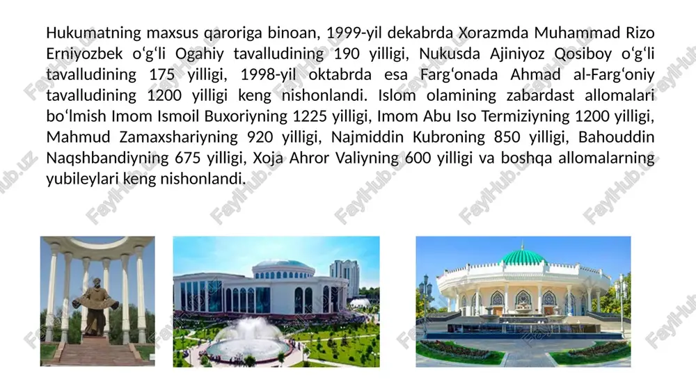 r-qimmatini topdi, ularni ta'mirlash va asl qiyofasini tiklash davlatimiz siyosatining ustuvor yo'nalishlaridan biriga aylandi. toptalgan tariximiz, qutlug' qadamjolar, hatto nomlari ham unutilayozgan obidalar ta'mirlandi, qayta tiklandi. imom al buxoriy, imom at-termiziy, abu mansur al-moturudiy, ahmad al-farg'oniy, burhoniddin al-marg'inoniy, mahmud az-zamaxshariy kabi ulug' allomalarimizning sha'nlariga munosib yodgorlik majmualar yaratildi. toshkent, samarqand va shahrisabzda sohibqiron amir temur, toshkentda mirzo ulug'bek, alisher navoiy, urganchda jaloliddin manguberdi, termizda alpomish haykallari qad ko'tardi. bugungi kunda mamlakatimizda etti mingdan ortiq yodgorlik, shu jumladan, 2500 ta me'moriy obida, 2700 tadan ortiq monumental san'at asari davlat muhofazasiga olingan. 1991 yildan xivadagi ichonqal'a qo'riqxonasidagi, 1993 yildan buxoro shahri markazidagi, 2000 yildan shahrisabz shahri markazidagi yodgorliklar yuneskoning “umumjahon madaniy merosi” ro'yxatiga kiritildi. o'tmishimizni avaylash, tarixiy obidalarni e'zozlash, asori-atiqalarni, qolaversa, xalqimizning buyuk o'tmishi, yashayotgan ijtimoiy hayoti va kelajagi bilan bevosita bog'liqdir. bu xususiyatlar millatimiz va xalqimizning milliy qadriyati bo'lib, azaldan ularning qon-qoniga singib ketgan. samarqand samarqand — jahonning eng qadimiy shaharlaridan …