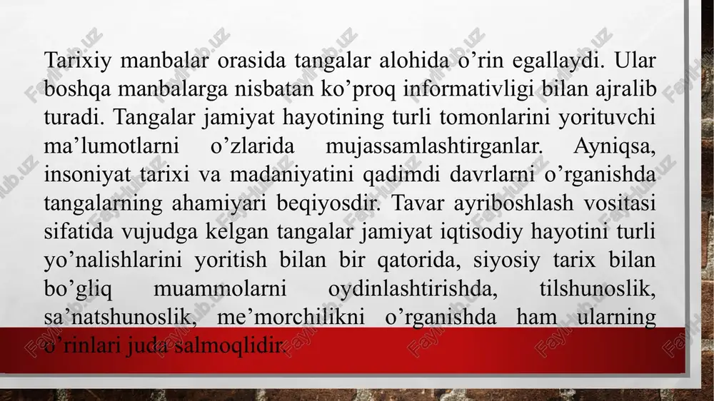 lashmalaridan ham ishlangan. tanganing ogirligini va metallini aniqlash iqtisodiy hayotdagi qator voqealarni tiklashga, tanga topilgin joylarning topografiyasini o’rganish esa pul muomalasi doirasini, qadimgi savdo yullari yo’nalishi, ayriboshlash tarkibini yoritishga yordam beradi. numizmatika fani numizmatik kolleksiyalardan farq qiladi. tangalarni kolleksiya qilish esa xiv-xv asrlarda italiyada paydo bo’lgan. ilmiy numizmatika fani xviii asrning ikkinchi yarmida venalik i.okkel tomonidan asoslab berilgan. xulosa numizmatika fani kungor honliklaridan cevon - rabdon . (1697-1727), goldon - ceren (1727-1745)lar nomi yozilgan va savdo muomalasidan yuritilgan mis pullarning yorkend shahrida zarb kilinganligini isbotladi. ana shunday pullardan sakkiz donasi muzeyimizning numizmatika fondida saqlanmoqda. o’zbekiston xalqlari tarixi muzeyining numizmatika fondida faqat o’rta osiyo tangalari saklanibgina kolmay, balki unga qo’shni afg’oniston, hindiston, eron va sharqiy turkistonda zarb qilingan tanga pullar ham saqlanmoqda. foydalanilgan adabiyotlar: karimov i.a. “tarixiy xotirasiz kelajak” toshkent 1998yil karimov i.a. “yuksak ma’naviyat engilmas kuch” tashkent 2008 yil elizavetin. g. “pulnoma” toshkent 1979 yil pidaev. sh. “tangalar davr ko’zgusi” …