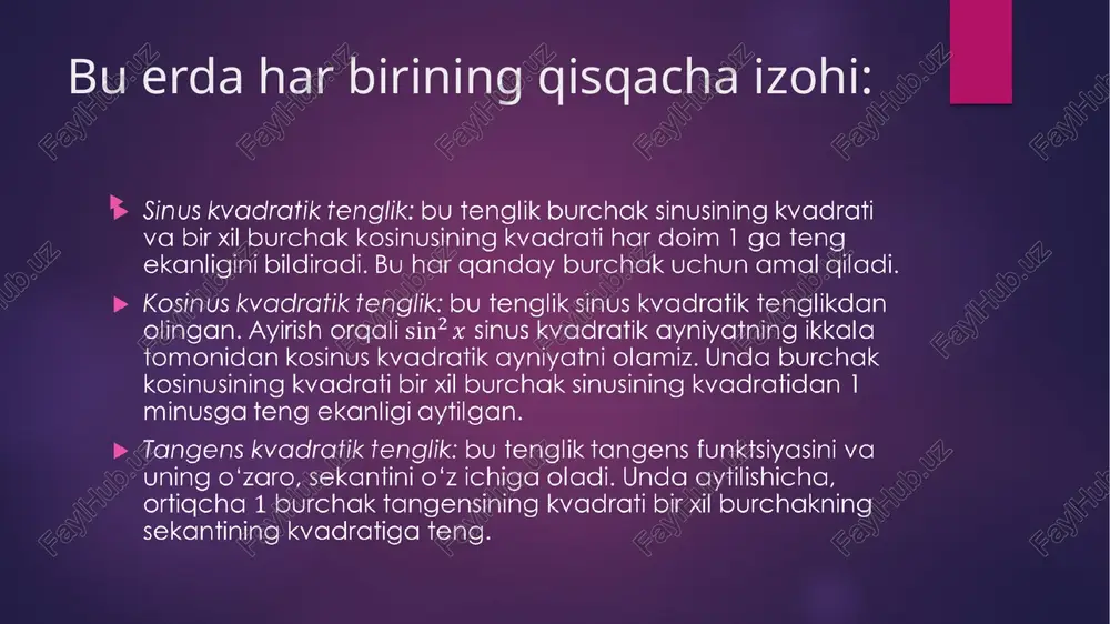 dellashtirish uchun ishlatiladi. orbital mexanika: trigonometrik funktsiyalar ob'ektlarning kosmosdagi harakatini, shu jumladan sun'iy yo‘ldosh orbitalarini, sayyora traektoriyalarini va samoviy mexanikani tavsiflash uchun ishlatiladi. matematik modellashtirish: trigonometrik funktsiyalar matematik modellarda turli xil tabiiy hodisalar va fizik jarayonlarni, shu jumladan populyatsiya dinamikasi, suyuqlik oqimi, issiqlik uzatish va kimyoviy reaktsiyalarni modellashtirish uchun ishlatiladi . savol-javob metodi: 1-savol: trigonometrik ayniyatlar nima? o‘zaro identifikatorlar: javob: trigonometrik identifikatorlar o‘z domenlari ichidagi o‘zgaruvchining har bir qiymati uchun to‘g‘ri bo‘lgan trigonometrik funktsiyalarni o‘z ichiga olgan tenglamalardir. ular iboralarni soddalashtirish, tenglamalarni echish va boshqa matematik bayonlarni isbotlash uchun foydali vositalardir. 2-savol: asosiy trigonometrik ayniyatlar qanday? javob: asosiy trigonometrik ayniyatlarga quyidagilar kiradi: pifagor ayniyatlari: o‘zaro ayniyatlar: miqdor ayniyatlari: 3-savol: qo‘shma funktsiya ayniyatlari qanday? javob: qo‘shma funksiya ayniyatlar to‘ldiruvchi burchaklarning sinus, kosinus, tangens, kotangens, sekant va kosekantlari teng ekanligini bildiradi. bu: 4-savol: trigonometrik ayniyatni qanday isbotlaysiz? javob: trigonometrik ayniyatni isbotlash uchun siz odatda tenglamaning bir tomonidan boshlaysiz va uni boshqa tomonga …