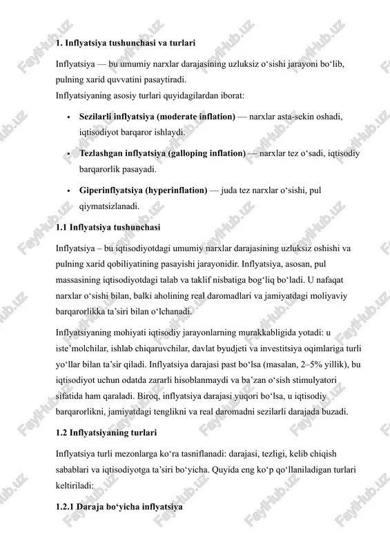 g oshishi, ish haqi ko‘tarilishi yoki ishlab chiqarish xarajatlarining oshishi natijasida yuzaga keladi. natijada ishlab chiqaruvchilar o‘z xarajatlarini qoplash uchun mahsulot narxini oshiradi. · kutish inflyatsiyasi (built-in inflation): bu inflyatsiya turi aholining va ishlab chiqaruvchilarning narxlar oshishiga oid kutishlariga bog‘liq. masalan, agar ishchilar kelajakda narxlar oshadi deb kutsa, ular ish haqini oshirishni talab qiladi, bu esa narxlarning yanada oshishiga olib keladi. 1.2.3 tezlik bo‘yicha inflyatsiya · yengil inflyatsiya (creeping inflation): yiliga 1–5% o‘sadi. bu iqtisodiyot uchun odatda foydali va barqaror hisoblanadi. · o‘rta inflyatsiya (walking inflation): yiliga 5–10% o‘sadi. iqtisodiyotda sezilarli o‘zgarishlar yuzaga keladi, pulning real qiymati asta-sekin pasayadi. · tez inflyatsiya (running inflation): yiliga 10–50% o‘sadi, ijtimoiy va iqtisodiy muammolarni keltirib chiqaradi. · giperinflyatsiya: yuqorida ta’riflanganidek, juda tez va nazorat qilinmaydigan inflyatsiya. inflyatsiya tushunchasi va uning turlari iqtisodiy jarayonlarni chuqur anglash uchun muhimdir. inflyatsiyaning turli turlari iqtisodiyotga turlicha ta’sir qiladi: ba’zilari rivojlanishga turtki bo‘lsa, boshqalari esa iqtisodiy barqarorlikni buzadi. …