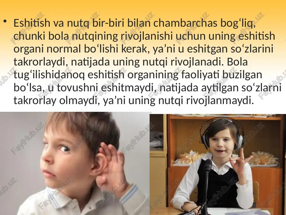 ta’sir qiladigan kuchli shovqin nerv sistemasini haddan tashqari qo‘zg‘atib, uyqusizlik, tez jahl chiqish, yurak sanchish, qon bosimining ko‘tarilishi kabi kasalliklarga sabab bo‘ladi. tashqi quloq yo‘lini qoplab turuvchi terida juda ko‘p mayda bezlar bo‘lib, ulardan yog‘simon sarg‘ish suyuqlik ajraladi. ba’zan shu suyuqlik to‘planib qolishi tufayli quloq bitadi, g‘uvullaydi. bunday hollarda paxtadan yasalgan pilik yoki gugurt cho‘pi uchiga o‘ralgan bint (paxta) yordamida tashqi quloq yo‘lini artib tozalash lozim. yuvinish paytida quloqqa suv kirganida ham shunday qilinadi. tashqi quloq yo‘li kirlanishining oldini olish uchun haftada birikki marta yumshoq sochiq uchini iliq suv bilan namlab, quloq yo‘lini artib turish maqsadga muvofiqdir; — odam og‘iz, burun, tomoqning shamollashi va gripp kasalliklaridan saqlanishi kerak. kasallik paydo bo‘lganida esa vaqtni kechiktirmasdan shifokor maslahatiga binoan davolanishi zarur. aks holda og‘iz, burun, tomoqdagi mikroblar shu yerdagi shilliq pardaning yallig‘lanishi natijasida hosil bo‘ladigan shilimshiq suyuqlik bilan birga yevstaxiy nayi orqali tomoqdan o‘rta quloq bo‘shlig‘iga o‘tib, uni yallig‘lantiradi. ba’zan o‘rta quloq …