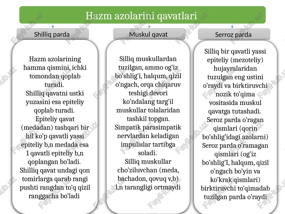 islotali muhitda tasirini yo’qatadi ovqat haqidagi malumot uzunchoq miyadagi markazni qo’zg’atadi. odam so’zlash paydo bo’lgani bilan, mayda bezlar ishlay boshlagan. ular og’iz bo’shlig’ini namlab turadi, ravon gapirish mumkin aks holda gapirish u,n qo’shimcha suv b,n namlash kerak yutish ovqat luqmasi og’izda, mexanik va kimyoviy parchalanib til ildizga yo’naltiradi, luqma yumshoq tanglayga kirishi b,n yutish sodir bo’ladi, bu paytda yumshoq tanglay ko’tarilib xoanani yopadi halqumga va qizil o’ngachga yo’naladi. qizil o’ngach to’lqinsimon harakatlanib, medaga suradi, agar suyq 2-3 sek, quyuq 6-8 sek davomida bajariladi halqum-varonkaga o’xshash kalla suyagi tubidan boshlab, og’iz va burn bo’shlig’iga ochilib turadi, orqa tomonda umurtqa p, old tomonda xiqildoq b,n ch, t,d,i; 3 qism burn qismi eng tepa qismi b/b burn bo’shlig’iga 1 juft xoana orqali qo’shilib ketgan. yumshoq tanglay roparasida eshituv (yevstaxiy) nayi boshlanadi. og’iz qismi tomoq orqali og’iz bo’shlig’iga tutashadi. bu qism ham havo va ovqat o’radigan qism bo’lganligidan yumshoq tanglay tartibga solib turadi. xiqildoq …