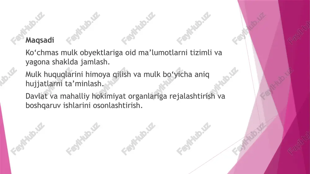 t va monitoring tizimda har bir foydalanuvchining amallari qayd etiladi, noto‘g‘ri o‘zgartirishlar aniqlanadi. kiberxavfsizlik choralari viruslardan, zararli dasturlardan himoya, tizimni yangilash va xavfsizlik devorlari (firewall) ishlatiladi. ma’lumotlarni himoya qilish elektron yig‘ma jild ma’lumotlari maxfiy va qonuniy himoyalangan bo‘lishi zarur. himoya choralari: xulosa kadastr yig‘ma jildi ko‘chmas mulk obyektlariga oid barcha hujjatlarni birlashtirib, ularni boshqarish, nazorat qilish va yangilashni osonlashtiradi. axborot tizimi orqali ma’lumotlarni kiritish va elektron shaklda tayyorlash ma’lumotlarning aniqligi va ishonchliligini ta’minlaydi. tayyorlangan jildni muntazam tekshirish, yangilash va himoya qilish mulk huquqlarini himoya qilish va ma’lumotlarning xavfsizligini kafolatlaydi. adabiyotlar o‘zbekiston respublikasi «ko‘chmas mulk kadastri to‘g‘risida»gi qonuni. toshkent, 2018. ismoilov b. kadastr tizimi va uning axborot resurslari. toshkent: fan, 2020. karimov sh. raqamli kadastr tizimlarida ma’lumotlarni boshqarish. toshkent: tsti, 2019. mirzaev n. kadastr yig‘ma jildini elektron shaklda tayyorlash texnologiyasi. toshkent: innovatsion nashriyot, 2022. o‘zbekiston respublikasi davlat kadastr agentligi. elektron kadastr tizimi bo‘yicha qo‘llanma. toshkent, 2021–2023. o‘zbekiston respublikasi davlat kadastr agentligi. …