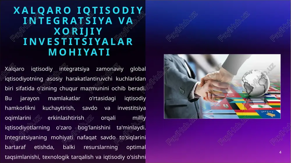 ali investitsion faoliyatni tartibga solish tizimi tubdan yangilandi. xususan, “investitsiyalar va investitsiya faoliyati to‘g‘risida”gi qonun xorijiy investorlarga keng huquqiy kafolatlar beradi. ushbu qonun bo‘yicha investitsiyalar ekspropriatsiyadan himoyalangan bo‘lib, mamlakatdan pul mablag‘larini cheklovlarsiz chiqarib yuborish imkoniyati ta’minlanadi. 14 14 xorijiy sarmoyalarni jalb etishning ustuvor tarmoqlari (sanoat, energetika, logistika va boshqalar) 15 xorijiy sarmoyalarni jalb etishda o‘zbekiston ustuvor tarmoqlarga e’tibor qaratmoqda, bu esa iqtisodiy diversifikatsiyani ta’minlashga xizmat qiladi. 2025-yilda mamlakatga 42 milliard dollarlik investitsiyalarni jalb etish va 81 ta yirik loyihani amalga oshirish rejalashtirilgan bo‘lib, ulardan ko‘pchiligi sanoat, energetika va logistika sohalariga yo‘naltiriladi. sanoat sohasi xorijiy investitsiyalarning asosiy yo‘nalishi sifatida ajralib turadi. texstil, oziq-ovqat va qurilish materiallari ishlab chiqarish tarmoqlarida xorijiy hamkorlik kuchaymoqda. 15 investitsiyalarning samaradorligini oshirishda davlat siyosati va xalqaro hamkorlikning ahamiyati investitsiyalarning samaradorligini oshirishda davlat siyosati asosiy harakatlantiruvchi kuch sifatida namoyon bo‘lmoqda. investitsiyalar, sanoat va savdo vazirligi (isv) boshqaruvida investitsiyalarni muvofiqlashtirish va rag‘batlantirish bo‘yicha markaziy ro‘l o‘ynamoqda. 2025-yilda qabul qilingan …