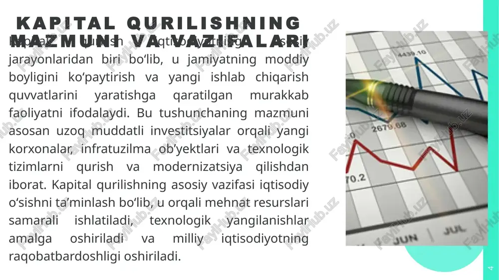 qarab o'zgaradi: loyiha ishlab chiqishda prognozlar, qurilishda monitoring va tugagandan keyin retrospektiv tahlil. o'zbekistonda baholash usullari xalqaro standartlarga moslashtirilgan bo'lib, ularni qo'llash loyihalarning samaradorligini 15-20% ga oshirishi mumkin. 12 13 investitsion loyihalarning iqtisodiy samaradorlik ko‘rsatkichlari investitsion loyihalarning iqtisodiy samaradorligi ko'rsatkichlari loyihaning foydaliligini miqdoriy baholashga imkon beradi. asosiy ko'rsatkichlardan biri npv (net present value – sof hozirgi qiymat) bo'lib, u loyihaning kelajakdagi naqd pul oqimlarini hozirgi qiymatga keltirib, investitsiyalarni hisobga oladi. npv formulasi quyidagicha: npv = σ (cf_t / (1 + r)^t) - i_0, bu yerda cf_t – t davridagi naqd pul oqimi, r – diskont stavkasi, i_0 – boshlang'ich investitsiya 14 15 xulosa kapital qurilish va kapital qo‘yilmalar mamlakat iqtisodiy salohiyatini oshirishda hal qiluvchi ahamiyatga ega. ular ishlab chiqarish infratuzilmasini rivojlantirish, yangi texnologiyalarni joriy etish va xalq farovonligini yaxshilashning asosiy omili hisoblanadi.samarali kapital qo‘yilmalar iqtisodiyotning barqaror o‘sishini ta’minlaydi, investitsion muhitni yaxshilaydi va yangi ish o‘rinlari yaratadi. shu sababli davlat investitsion …