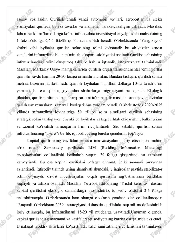 mumkin. bundan tashqari, qurilish sohasi mehnat bozorini faollashtiradi: qurilish loyihalari 1 million dollarga 10-15 ta ish oʻrni yaratadi, bu esa qishloq joylaridan shaharlarga migratsiyani boshqaradi. ekologik jihatdan, qurilish infratuzilmasi barqarorlikni taʼminlaydi: masalan, suv tejovchi tizimlar qurish suv resurslarini samarali boshqarishga yordam beradi. oʻzbekistonda 2020-2025 yillarda infratuzilma loyihalariga 50 trillion soʻm ajratilgani qurilish sohasining strategik rolini tasdiqlaydi, chunki bu loyihalar nafaqat ishlab chiqarishni, balki turizm va xizmat koʻrsatish tarmoqlarini ham rivojlantiradi. shu sababli, qurilish sohasi infratuzilmaning "skelet"i boʻlib, iqtisodiyotning barcha qismlarini bogʻlaydi. kapital qurilishning vazifalari orasida innovatsiyalarni joriy etish ham muhim oʻrin tutadi. zamonaviy qurilishda bim (building information modeling) texnologiyalari qoʻllanilishi loyihalash vaqtini 30 foizga qisqartiradi va xatolarni kamaytiradi. bu esa kapital qurilishni nafaqat qimmat, balki samarali jarayonga aylantiradi. iqtisodiy tizimda uning ahamiyati shundaki, u inqirozlar paytida stabilizator rolini oʻynaydi: davlat investitsiyalari orqali qurilishni ragʻbatlantirish bandlikni saqlaydi va talabni oshiradi. masalan, yevropa ittifoqining "yashil kelishuv" dasturi kapital qurilishni ekologik standartlarga moslashtirib, …