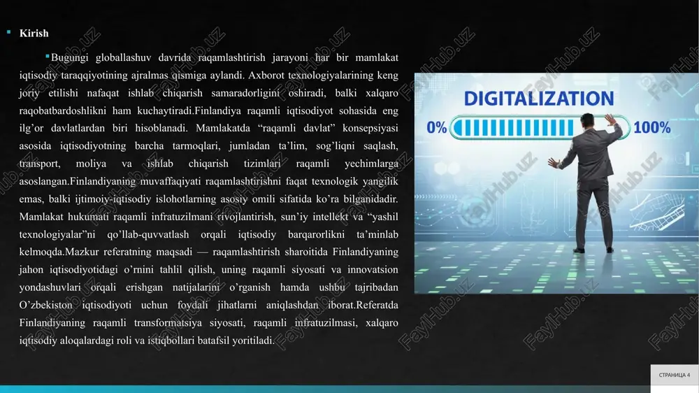 ga imkon beradi. chuqur tahlil shuni ko’rsatadiki, bu ramka nafaqat texnologik, balki ijtimoiy adolatni ta’minlaydi, chunki qishloq hududlariga maxsus investitsiyalar ajratilgan, bu raqamli tafovutni bartaraf etishga yordam beradi stranitsa 7 axborot texnologiyalari sohasidagi yutuqlar finlandiyaning axborot texnologiyalari (it) sohasidagi yutuqlari global miqyosda e’tirof etilgan bo’lib, bu nokia, 5g texnologiyalari va startaplar ekotizimi orqali namoyon bo’lmoqda. nokia kompaniyasi finlyandiyaning it sohasidagi ramziy yutug’i bo’lib, 1865-yilda qog’oz fabrikasi sifatida tashkil topgan bo’lsa-da, 1990-yillarda mobil telefonlar bozorida 40 foiz ulushga erishdi. kompaniya gsm standartini ishlab chiqdi va dunyodagi birinchi xalqaro mobil tarmoqni yaratdi, bu finlyandiyaning eksportining 20 foizini ta’minladi. hozirgi vaqtda nokia 5g va optik tarmoqlar bo’yicha yetakchi bo’lib, finlyandiyada 300 dan ortiq yetkazib beruvchiga ega klaster yaratdi. nokia orqali mamlakatning it sohasi 2 foizdan ortiq ish o’rinlarini ta’minlaydi, bu esa iqtisodiy tiklanishga hissa qo’shdi – masalan, 2016-yildagi smartfon bozoridagi inqirozdan keyin kompaniya tarmoq infratuzilmasiga o’tib, yangi o’sishni ta’minladi. chuqur tahlil shuni ko’rsatadiki, …