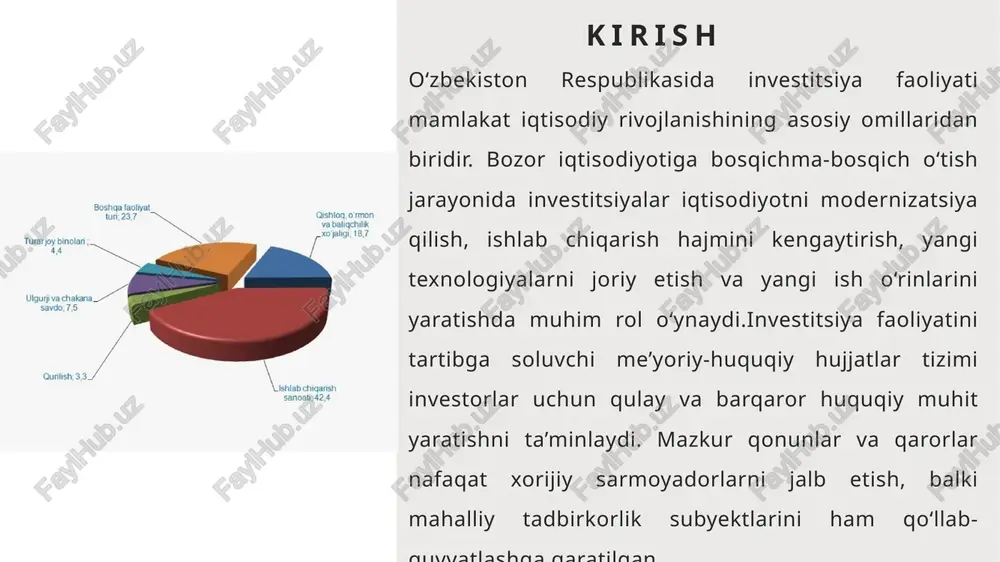 boʻlib, bu investitsiya nizolarini hal qilishda ishonchni oshirdi. hukumatning keyingi qarorlari orqali sud jarayonlarini raqamlashtirish joriy etildi, bu esa investorlar uchun vaqt va xarajatlarni tejash imkonini berdi. 14 o‘zbekiston respublikasida investitsiya faoliyatini qo‘llab-quvvatlovchi institutsional tuzilmalar o‘zbekiston respublikasi mustaqillikka erishganidan buyon iqtisodiyotni rivojlantirishda investitsiyalarning markaziy o‘rin egallashi tabiiy jarayon bo‘ldi. mamlakat iqtisodiyotining barqaror o‘sishi, sanoat modernizatsiyasi va eksport salohiyatini kuchaytirishda xorijiy va ichki investitsiyalarni jalb etish asosiy omil sifatida qaralmoqda. buning uchun davlat tomonidan maxsus institutsional tuzilmalar tashkil etilgan bo‘lib, ular investitsiya faoliyatini tartibga solish, rag‘batlantirish va himoya qilish vazifasini bajaradi. 15 zagolovok prezentatsii 16 erkin iqtisodiy zonalar tizimi va investitsiyalarni rag‘batlantirish erkin iqtisodiy zonalar (keyingi o‘rinlarda – eiz) o‘zbekiston investitsiya faoliyatini qo‘llab-quvvatlashdagi eng muhim mexanizmlardan biri bo‘lib, ular maxsus soliq va bojxona imtiyozlari orqali xorijiy investitsiyalarni jalb etishga xizmat qiladi. hozirgi vaqtda mamlakatda 24 ta eiz faoliyat yuritmoqda, shu jumladan, navoiy, jizzax va andijon kabi yirik zonalarga e’tibor qaratilgan. eizlarning …