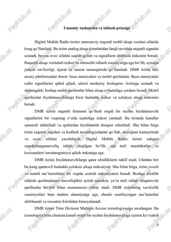 ida foydalanuvchi uchun ajratiladi. bu tizimning yuqori samaradorlik va tezkor ishlashini ta’minlaydi. dmr tizimi signallarni raqamli formatda uzatadi. ovoz signallari analogdan raqamli signalga aylantiriladi, so‘ngra siqiladi va uzatiladi. shu bilan birga tizim ma’lumotni qabul qilganda, signallarni dekodlaydi va foydalanuvchiga sifatli ovoz sifatida etkazadi. ushbu jarayon shovqinni kamaytirish va signal sifatini oshirishga xizmat qiladi. tizimda kanal monitoringi va boshqaruv modullari mavjud bo‘lib, ular signallarni nazorat qiladi, xatolarni aniqlaydi va kerak bo‘lsa qayta uzatishni amalga oshiradi. dmr tizimining asosiy komponentlari bazaviy stansiyalar, mobil qurilmalar va markaziy boshqaruv tizimidir. bazaviy stansiyalar signalni qabul qiladi va qayta ishlaydi, markaziy boshqaruv tizimi esa foydalanuvchilar o‘rtasidagi aloqa yo‘nalishini boshqaradi. mobil qurilmalar esa foydalanuvchilarga bevosita aloqa imkonini beradi. tizimning ishlashi davomida chastota kanallari samarali taqsimlanadi, vaqti-vaqti bilan tarmoq resurslari optimallashtiriladi va shu orqali uzluksiz aloqa ta’minlanadi. dmr tizimining ishlash prinsipi shuningdek, xavfsizlik va ishonchlilikni ta’minlashga qaratilgan. signallar shifrlanadi va faqat ruxsat berilgan qurilmalar tomonidan qabul qilinadi. shu …