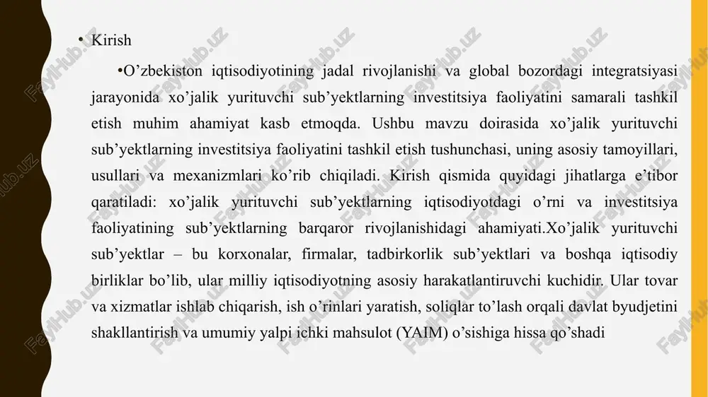 stitsion imkoniyatlari ularning faoliyatini kengaytirish va rivojlantirish uchun zarur bo’lgan resurslarni jalb qilish qobiliyatini bildiradi. bu imkoniyatlar sub’yektning moliyaviy holati, bozor sharoitlari va qonunchilik bazasiga bog’liq. o’zbekistonda sub’yektlar investitsiyalarni jalb qilish uchun imtiyozlardan foydalanadi, bu esa ularning imkoniyatlarini oshiradi. investitsion imkoniyatlar sub’yektlarning kelajakdagi loyihalarni amalga oshirish qobiliyatini belgilaydi va iqtisodiy o’sishni rag’batlantiradi.sub’yektlarning investitsion resurs manbalari quyidagilardan iborat. birinchidan, o’z mablag’lari, ya’ni foyda va amortizatsiya ajratmalari. bu manbalar sub’yekt uchun eng ishonchli bo’lib, xarajatsiz foydalaniladi. xo’jalik yurituvchi sub’yektlarda investitsiya faoliyatini tashkil etish mexanizmi xo’jalik yurituvchi sub’yektlarning investitsiya faoliyatini tashkil etish mexanizmi korxonalar va tashkilotlarning rivojlanish strategiyasini belgilovchi muhim jarayon hisoblanadi. ushbu mexanizm korxonaning uzoq muddatli maqsadlariga erishish uchun zarur bo’lgan resurslarni samarali taqsimlash va boshqarishni ta’minlaydi. investitsiya faoliyati orqali sub’yektlar ishlab chiqarish quvvatlarini kengaytirish, texnologiyalarni yangilash va bozor mavqeini mustahkamlash imkoniyatiga ega bo’ladi. ushbu bobda investitsiya jarayonining asosiy bosqichlari, moliyaviy manbalar va loyihalarni tanlash mezonlari batafsil ko’rib chiqiladi, bu esa korxonalar …