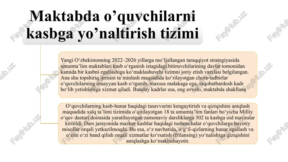 akllanmagan. maktab bitiruvchilarining 50 foizi mehnat bozoriga hech qanday kasbga ega bo‘lmasdan kirib kelmoqda. «hozir tadbirkorlar, ishlab chiqaruvchilarni shu masala qiynayapti: bo‘sh ish joyi ko‘p, oyligi ham yaxshi, lekin o‘quvi va ko‘nikmasi bor ishchi yo‘q. agar bu tizim to‘g‘ri tashkil qilinsa, bizdagi demografik o‘sish bilan katta natijalarga erishsa bo‘ladi» kasbga yunaltirishni qachondan boshlash kerak? degan savolga quyidagi diagrammadagi ko'rinishda javoblar olindi o'quvchilarning 57 %i maktabdanoq kasbiy yo'naltirishni amalga oshirishni boshlash kerak deb hisoblaymiz. o'quvchilarning 22 %i buni bog'cha paytidan boshlash kerak, 14 %i esa tanlash bosqichini kolledjdan boshlash kerak deb hisoblaydilar. kasbga yo 'naltirishni kim amalga oshirishi kerak degan savolga o 'quvchilarning javobi qo'yidagicha taqsimlandi: psixologlar (32 %), o'qituvchilar (28%) va ish beruvchilarning o'zlari (13%). bundan tashqari, 13%i bu ishni aholi bandligini ta'minlash markazi zimmasiga topshirish kerak degan fikrni bildirishgan endi insonning psixofiziologik xususiyatlariga alohida talablar qo'yiladi., va uning kasbiy malakasi va chidamliligi darajasi yuqori bo'lishi kerak. o'quv jarayonida maktab …