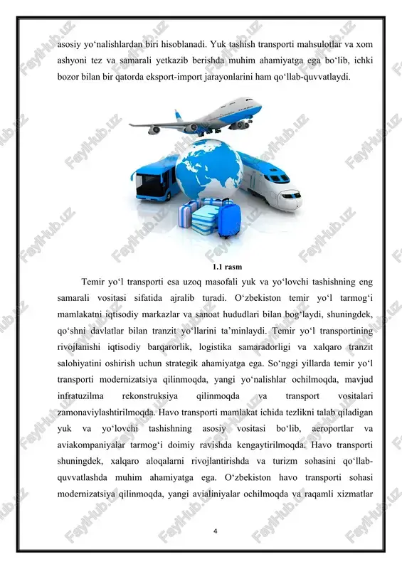 i modernizatsiya qilinmoqda, yangi avialiniyalar ochilmoqda va raqamli xizmatlar joriy etilmoqda, bu esa xizmat sifatini oshirish va yo‘lovchilarga qulaylik yaratish imkonini beradi. suv transporti imkoniyatlari mamlakat daryolari va kanallari orqali yuk tashishni o‘z ichiga oladi. garchi suv transporti mamlakat ichida asosiy transport turi sifatida keng qo‘llanilmasa-da, logistika va maxsus yuklar tashish uchun muhim ahamiyatga ega. shu bilan birga, multimodal transport tizimlari orqali suv, avtomobil va temir yo‘l transportlarini integratsiyalash imkoniyatlari mavjud bo‘lib, bu transport samaradorligini oshirishga yordam beradi. o‘zbekiston yo‘l transport kompleksi tizimining umumiy holatini tahlil qilganda, bir qator muhim jihatlar aniqlanadi. birinchidan, transport tizimi mamlakat ichki va tashqi bozorlarda iqtisodiy jarayonlarni qo‘llab-quvvatlashda muhim vosita hisoblanadi. ikkinchidan, transport infratuzilmasini modernizatsiya qilish, yo‘llar, ko‘priklar, logistika markazlari va terminal infratuzilmasini rivojlantirish dolzarb vazifa hisoblanadi. uchinchidan, transport tizimining xavfsizligi va ekologik barqarorligi muhim masala bo‘lib, u transportni modernizatsiya qilish va raqamlashtirish bilan birga hal etiladi. to‘rtinchidan, transport tizimining samarali ishlashi ijtimoiy jihatdan aholi …