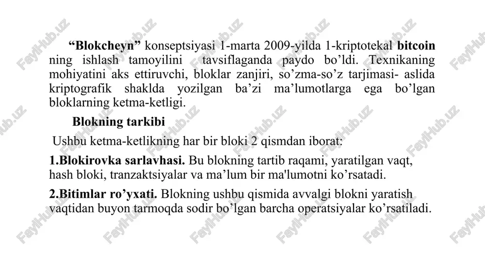 qamli iqtisodiyotni rivojlantirishni qo‘llab-quvvatlash jamg‘armasi va rossiyaning “blockchain industrial alliance” kompaniyasi hamkorlik memorandumini imzoladi va 12 noyabr kuni o’zbekistondagi blokcheynning birinchi pilotli tadbiq etilishi amalga oshirildi. xususan, blokcheyn “dori vositalari, tibbiy asbob-anjomlar va tibbiy jihozlarni ekspertizadan o’tkazish va standartlashtirish davlat markazi” davlat unitar korxonasi (duk) uchun avtomatlashtirilgan ro’yxatga olish tizimiga kiritildi. shunday qilib, ushbu obyekt har qanday ma’lumotlar manipulyatsiyasidan himoyalangan bo’ladi. raqamli ishonch” raqamli iqtisodiyotni rivojlantirishni qo‘llab-quvvatlash jamg‘armasi davlat-xususiy sherikchilik shartlarida raqamli iqtisodiyotni rivojlantirishga oid istiqbolli va strategik muhim, shu jumladan kripto-aktivlar aylanmasi va kripto-birjalar sohasidagi loyihalarni amalga oshiradi. normativ-huquqiy hujjatlar loyihalari muhokamasi portalida prezidentning “o‘zbekiston respublikasida kripto-aktivlar aylanmasi sohasini yanada rivojlantirish to‘g‘risida”gi qarori loyihasi joylashtirildi. blokcheyn bilan ishlash vakolat markazi * 2018-2019 yillarda o’zr da axborot-kommunikatsiya texnologiyalari tizimini tubdan takomillashtirish va blokcheyn texnologiyasi imkoniyatlaridan foydalanish shart-sharoitlarni yaratish, kadrlar salohiyatini oshirish hamda mahalliy dasturchilarni tomonidan ushbu texnologiyani o’zlashtirishni qo’llab-quvvatlash ko’zda tutilgan. ushbu loyihani amalga oshirish uchun mas'ul ijrochilar bo’lib o‘zbekiston …