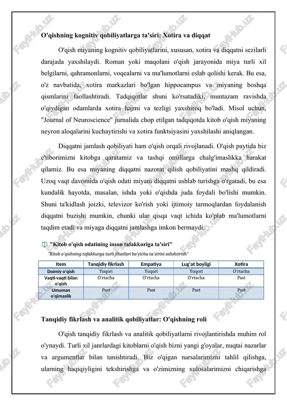 ash va g'oyalarning shakllanishi o'qish nafaqat empatiyani rivojlantiradi, balki o'quvchining tanqidiy fikrlash qobiliyatini ham oshiradi. turli mualliflarning nuqtai nazarlarini tahlil qilish, dalillarni baholash va xulosalar chiqarish o'quvchining analitik qobiliyatini rivojlantiradi. bu, ayniqsa, ilmiy va tarixiy adabiyotni o'qishda muhim ahamiyatga ega, chunki u o'quvchini faktlarni ajrata olishga, manbalarni tanqidiy baholashga va turli xil interpretatsiyalarni tushunishga o'rgatadi. tanqidiy fikrlash qobiliyati o'quvchiga axborot oqimi ichida adashmaslikka, soxta yangiliklarni aniqlashga va mustaqil qarorlar qabul qilishga yordam beradi. bundan tashqari, o'qish shaxsning g'oyalarini shakllantirishda va dunyoqarashini kengaytirishda muhim rol o'ynaydi. turli janrdagi kitoblarni o'qish, odamning dunyoqarashini boyitadi va uni yangi g'oyalar bilan tanishtiradi. fantastika, ayniqsa, o'quvchini mavjud voqelikdan tashqari imkoniyatlar haqida o'ylashga undaydi va ijodiy fikrlashni rag'batlantiradi. ilmiy-ommabop adabiyot esa, fanning so'nggi yutuqlari bilan tanishtirib, dunyoqarashni ilmiy asosda shakllantirishga yordam beradi. shunday qilib, o'qish orqali olingan bilimlar va g'oyalar insonning shaxsiy o'sishi va jamiyat rivojiga hissa qo'shadi. o'qishning shaxsiy va ijtimoiy ta'siri: empatiyadan qarashlargacha o'qish …