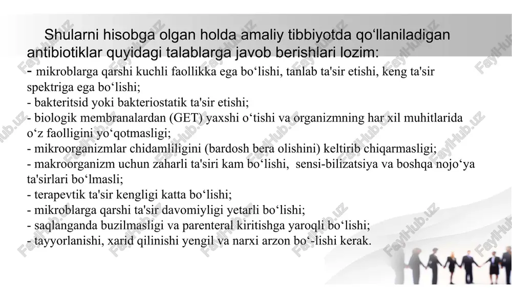 penitsillinnaza (beta-laktamaza) ta'siriga chidamli bo‘lishi (bu fermentni ko‘pchilik mikroblar ishlab chiqaradi); b) ichilganda samaraga ega (kislotaga chidamli) bo‘lishi; v) keng spektrli ta'sirga ega bo‘lishi. penitsillinnaza ta'siriga chidamli bo‘lgan vositalarga oksasillinning natriyli tuzi, dikloksatsillin va boshqa preparatlar kiradi. metitsillin – ta'sir spektri benzilpenitsillinga teng. ta'-siri 4-6 soat, me'daning kislotali muhitida parchalanadi. penisillinaza ta'siriga chidamli bo‘lganligi sababli uni ishlab chiqaruvchi stafilokkoklarga ham yaxshi ta'sir etadi. oksatsillin – penitsillinaza ta'siriga chidamli, enteral yo‘l bilan kiritilganda ham samaradorligi yuqori. faolligi bo‘yicha metatsilindan 5-8 marta kuchli. qon zardobidagi oqsillar bilan 90%dan ortiqroq bog‘lanadi. getdan o‘tmaydi. har 4-6 soatdan qabul qilinadi. u ichishga va m/i yuborishga ishlatiladi. dikloksatsillin – oksatsillinga nisbatan kuchliroq antimikrob ta'siriga ega, penitsillinaza ta'siriga chidamli, me'dada parchalanmaydi. miy dan yaxshi so‘riladi. stafilokokklarga ta'sir etmaydi. get dan o‘tmaydi. ko‘proq buyrak va oz miqdorda o‘t yo‘llari orqali ajraladi. qon zardobi oqsillari bilan 20-50% bog‘lanadi, m/i kiritiladi. penitsillinazaga chidamli bo‘lgan vositalarga nafsillin preparati ham kiradi. u …