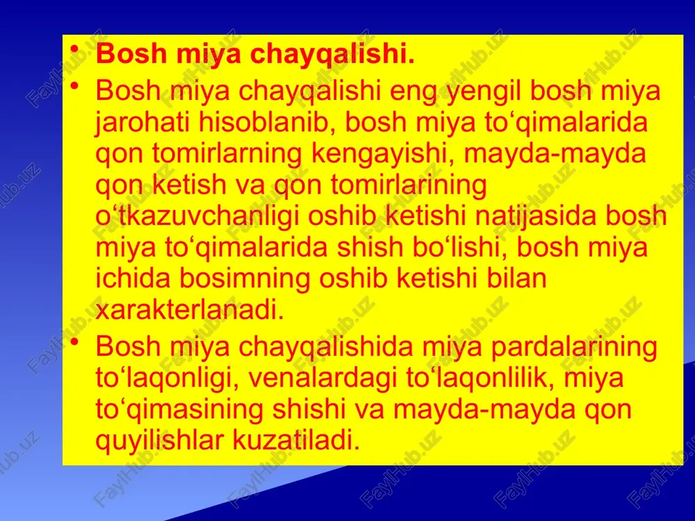 ylanishi, darmonsizlik, kayfiyatning pasayishi, eslash kobiliyatining buzilishi bilan xarakterlanadi. bu xolatlar keyinchalik, ayniksa kariyalarda, nogironlikka olib kelishi mumkin. reabilitatsiya tadbirlari davolash fizkulg’turasini, fizioterapiyani, nootroplar, kon-tomir preparatlari, tutkanokka karshi preparatlar, darmon dorilar kabul kilishni kuzda tutadi. davolash natijalari kupincha tibbiy yordamni shikast olingan yerda va kasalxonada uz vaktida tugri kursatilishiga boglik. image1.jpeg image2.jpeg image3.jpeg image4.jpeg image5.jpeg image6.jpeg image7.jpeg image8.jpeg image9.jpeg /docprops/thumbnail.jpeg
