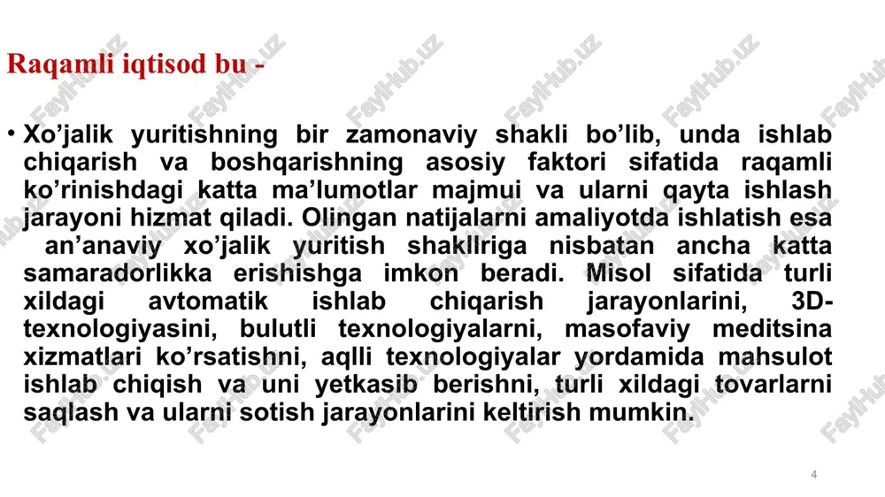 bozor yo‘nalishini, xitoy esa rejali iqtisodiyotni tanlab olgan. qolgan mamlakatlar ma’lum bir oraliq variantlarga rioya qiladi. shuni alohida aytib o‘tishni kerakki, xuddi xitoy kabi, aqsh dasturi nuqtai nazaridan biz globallashuvning yangi bosqichini ko‘ramiz. dunyodagi eng kuchli ikkita iqtisodiyot sifatida aqsh va xitoy uchun globallashuv foydali, chunki iqtisodiy jihatdan kuchliroq bo‘lgan o‘yinchi doimo o‘z ustunligini namoyish etish imkoniyatiga ega bo‘ladi. turli mamlakatlarda raqamli iqtisodiyotni rivojlantirish dasturlari. raqamli iqtisodga ega bo‘lgan etakchi davlatlar– singapur va aqshdir. ushbu mamlakatlar raqamli texnologiyalarni joriy etish bo‘yicha hukumatning faol pozitsiyasi bilan ajralib turadi. bundan tashqari, hu- kumati raqamli iqtisodiyotni rivojlantirish strategiya- sida, ularga erishish maqsadlari va vositalarini aniq ifoda etgan buyuk britaniya va jahon iqtisodiyotida hukmronlik qilish uchun raqamli iqtisodiyotni ish- latishga intilayotgan xitoy tajribalari e’tiborga molik- dir. aqsh qo‘shma shtatlar iqtisodiyotining raqobatbardoshligi va o‘sishi raqamli iqtisodiyotdagi imkoniyatlarga to‘liq bog‘liq, shuning uchun mamlakatda “elektron iqtisod” dastu- ri ishlab chiqilgan bo‘lib, unga ko‘ra aqsh internetni aloqa, savdo, …