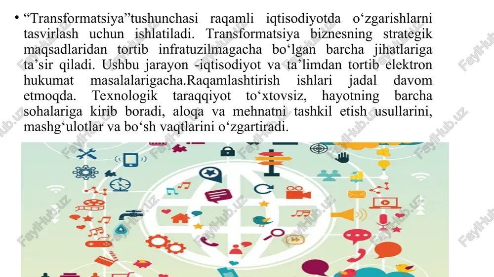osiy komponentga asoslanadi: raqamli transformatsiya: ta’siri va oqibatlari cloud computing blockchain texnologiyalar web saytlar ko’p malumotlar onlayn va mobil bank raqamli transformatsiya onlayn va mobil xarid robotlar ma’lumotlarni yurg’izish, qaror qabul qilish yangi biznes modellari raqamli ravishda tadbiq qilish ish o’rinlarining qisqarishi va yaratilishi ish o’rinlarining yangi ko’rinishi savdo perspectivini o’zgartishi ayniqsa xizmatlarni mehnat huquqlarini qayta ko’rib chiqish savdo kelishuvlarini qayta tekshirib chiqish raqamli transformatsiyalar: malaka va ish raqamli transformatsiya ict mutaxasislarining malakasi umumiy ict malakasi yetarli it malakasi va ishlarning talab qilinishi nimani o’rganish va qanday o’rganish ta’lim o’zgarishi ilm-fan, texnologiya, enjineriya va matematika biznes insoniyat ictning bazis malakasi muommaga yechim topish va kommunikatsiya malakasi raqamli o’zgarish tavakklachilik va ,muommolar raqamli xavfsizlik, maxfiylik, ishonch b2c va b2b iqtisodiyotni almashish standartlar va boshqaruv; mahalliy, xalqaro moslashuvchan bo’lishi katta hajmli ma’lumotlar, machine learnnng, cloud computing sun’iy intellekt etnik muommalar raqamli transformatsiya: tavakkalchilik va muommalar raqamli transformatsiyaning iqtisodiy rivojlanishga ta'siri raqamli transformatsiya …