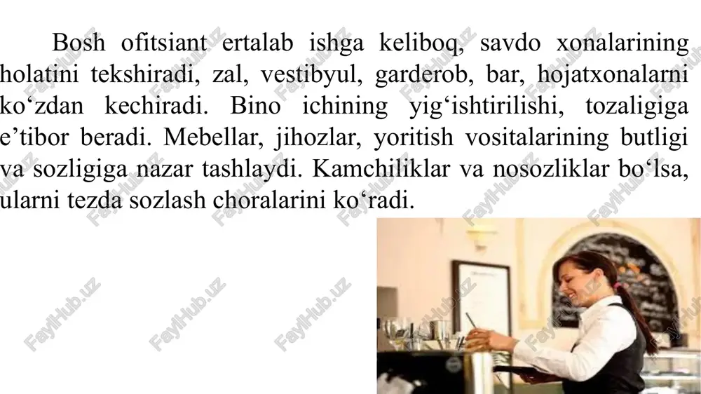 stmi, musiqachilarga yaqinroqmi yoki derazalar oldidami — bu mehmonlar xohishi) . mijoz xohlagan qulay joy bo‘sh bo‘lmasa, boshqa bo‘sh joyga o‘tiradi. mijoz xohlagan joyni boshqa odamlar band qilib turgan bo‘lsa, ular roziligi bilangina joy almashtirilishi mumkin. hali stol usti yig‘ishtirilib, dasturxon tuzalmagan joyni mijozga tavsiya qilish mumkin emas. bordiyu, mijozlar kutamiz, shu stolga dasturxon solinsin desalar boshqa gap. restoranning doimiy mijozlari bo‘lsa, hamma vaqt o‘tiradigan o‘rinlariga o‘tkaziladi. iste’molchilar qo‘llarida gullar bilan kelsa, suv quyilgan vaza keltiriladi. agar stol oldindan band qilib qo‘yilgan bo‘lsa, bosh ofitsiant bu haqda belgi qo‘yib qo‘yadi. restoranda har xil masalalar bo‘yicha turlicha savollar tug‘ilishi mumkin. bosh ofitsiant mijozlarni tinglashi, aniq mukammal javob berishi kerak. xizmat jarayonida restoranda turli vaziyatlar yuzaga kelishi mumkin. bunday vaziyatlarda bosh ofitsiant o‘zini tuta bilishi va axloq-odob qoidalariga rioya qilishi shart. misol tariqasida quyidagi vaziyatni ko‘rib chiqamiz. kechqurun xizmat boshlanishida ikkita mijoz — erkak va ayol to‘rt o‘rinli stolga o‘tqizildi. ular bu …