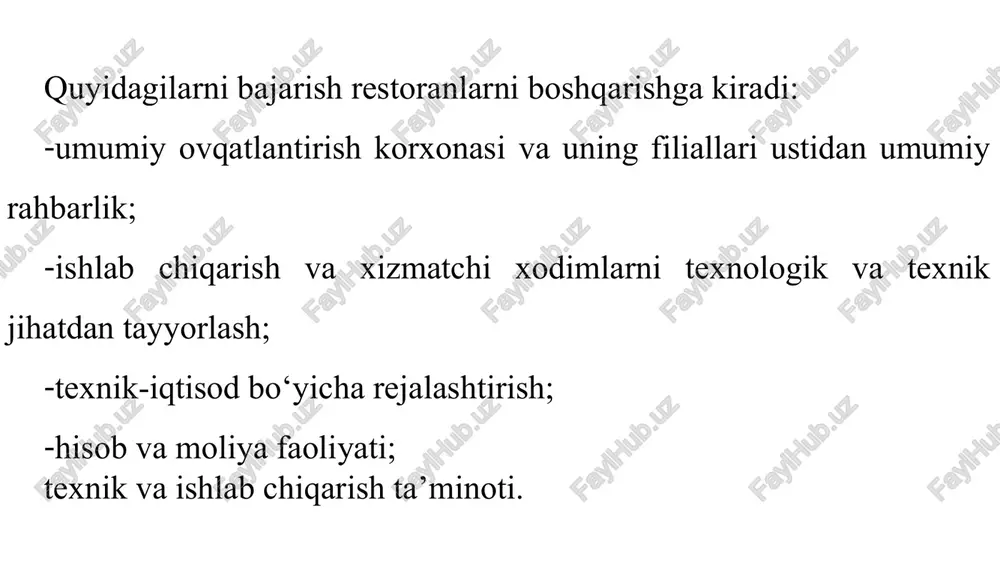 bilishi, yong‘inga qarshi vositalarning qayerda o‘rnatilganligini, eng yaqin joylashgan umumiy ovqatlantirish tarmoqlarining, militsiya, tez yordam, taksi telefonlarini yoddan bilishi shart. kiyim iluvchi. restoranga kirishda ustki kiyimlarni yechadigan joy bo‘ladi. bu yerda xizmat qiluvchi mehmonlar-ning ustki kiyimlarini va boshqa buyumlarini qabul qilib oladi, kiyim osilgach, osqich nomeri yozilgan jeton beradi. kiyimlar qabul qilib oluvchi topshirilgan buyumlar uchun mas’ul hisoblanadi. jeton qaytarilgach, topshirilgan buyumlar olib beriladi, kiyim qabul qiluvchi ustki kiyimni kiyishda mehmonga yordamlashadi. kiyim tugmalari, ilgichlar uzilgan bo‘lsa, tikib beradi. bu ishlar uchun xizmat haqi talab qilinmaydi. bosh ofitsiant – ofitsiantlarning hamma ishlariga rahbarlik qiladi. shuningdek, shveysar, kiyim iluvchi, zal, tualet farroshlari, bufet xodimlari ishlari ham uning nazoratida bo‘ladi. ofitsiantlar, kiyim iluvchilar, shveysarlar mijozlar esdan chiqarib qoldirib ketgan buyumlarini bosh ofitsiantga topshirishadi, bosh ofitsiant bu haqsa jurnalga yozadi va restoran direktoriga ma’lum qiladi. bosh ofitsiant ofitsiantlar brigadirlariga rahbarlik qiladi, ofitsiant va boshqa xodimlarning ishga chiqish grafigini tuzadi, uning bajarilishini nazorat qiladi. …