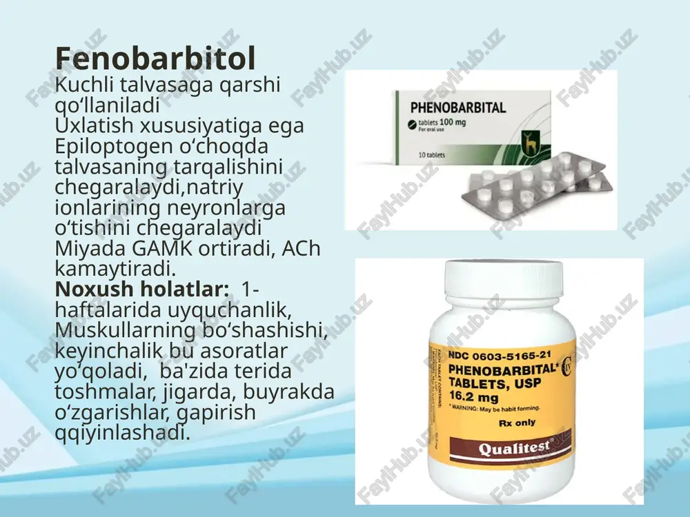 a) fermentining ingibitorlari bilan qo'llanilmaydi, chunki bu moddalar levodopa ta’sirini yo'qotishi (vitamin b6), oshirishi (mao ingibitorlari) yoki kamaytirishi (papaverin) mumkin. midantan- dofaminning neyronlardagi deposidan chiqishini, dofaminergik retseptorlaming dofaminga nisbatan sezuvchanligini oshiradi. ba’zi ma’lumotlarga ko'ra, midantan markaziy nerv sistemasining motor neyronlaridan impulslar tarqalishini ozaytiradi. midantan qo'llangach, ta’siri birinchi kunlardanoq boshlanadi, akineziya va qaltirash kamayadi. bemorlar midantanni yaxshi ko'taradilar, ba’zilarida bosh og'rig'i, uyqusizlik, bosh aylanishi, dispeptik holatlar sodir bo'ladi. midantanni jigar, buyrak kasalliklarida, homiladorlikda qo'llash man etiladi. siklodol markaziy xolinolitiklardan bo'lib, markaziy nerv sistemasida joylashgan xolinoretseptorlami falajlab, atsetilxolinni ta’sirini kamaytiradi, ikkita mediator - dofamin hamda atsetilxolinni ta’siri tenglashadi, xolinergik ta’sirot kamayadi, natijada, mushaklar tortilishi, harakatlar cheklanishi kamayadi, qaltirashga deyarli ta’sir qilmaydi. siklodol parkinsonizm kasalligida, neyroleptiklami davomli qo'llash tufayli kelib chiqqan parkinsonizm hollatlarida ham qo'llanadi. salbiy ta’sirlari bu moddaning periferik xolinoretseptorlarga ta’siri bilan bog'liq: og'iz qurishi, akkomodatsiyaning o'zgarishi, pulsning tez urishi kuzatiladi. miqdori oshganda psixomotor qo'zg'alish, gallutsinatsiyalar yuzaga keladi, glaukoma, taxiaritmiyalarda qo'llash man …