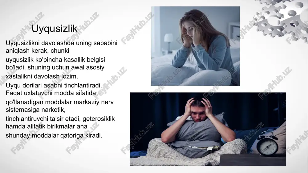 k qatorli uxlatuvchi moddalar alifatik qatorli uxlatuvchi moddalardan xloralgidrat, kuchli va davomli uxlatuvchi ta’sirga ega (8 soat), oshqozon-ichakdan yaxshiso'riladi, barbituratlardan fiarqi — uyqu davrlarini 0‘zgartirmaydi. moddaning tinchlantiruvchi, uxlatuvchi, talvasaga qarshi, narkoz paydo qiluvchi xususiyatlari ham bor. uxlatuvchi sifatida xloralgidrat hozir kam qo'llaniladi, chunki jigar; yurak, buyraklarga salbiy ta’sir ko'rsatadi, unga o'rganib qolish mumkin. xloralgidrat ko'proq talvasaga qarshi, ayniqsa, bolalarda tez uchraydigan talvasali holatda — spazmofiliyada qo'llaniladi. modda ichishga buyuriladi, ko‘proq to'g’ri ichakka yuboriladl bromizoval o'rtacha uxlatuvchi ta’sirga ega. benzodiapezin unumlari uxlatuvchi sifatida qo'llanadigan trankvilizatoriaming ko'pchiligi kimyoviy tuzilishiga ko'ra benzodiazepin unumlaridandir. ular asosan limbik sistemaga ta’sir ko'isatib, vahima, tashvish, bezovtalikni yo'qotadi, anksiolitik ta’sir ko'rsatadi, uxlatuvchi xususiyati keltirilgan anksiolitik ta’siri bilan bog'liq. benzodiazepin moddalari uxlatuvchi, anksiolitik, talvasaga qarshi hamda mushaklarni bo'shashtirish xususiyatlarga ega, moddalar etil spirti, narkotik analgetiklar bilan qo'llanganda ulaming ta’sirini va ta’sir muddatini oshiradi. ichishga buyuriladi, oshqozon- ichakdan yaxshi so'riladi- benzodiazepin unumlaridan uxlatuvchi modda sifatida ko'proq nitrazepam qo'llaniladi. uxlatuvchi modda …