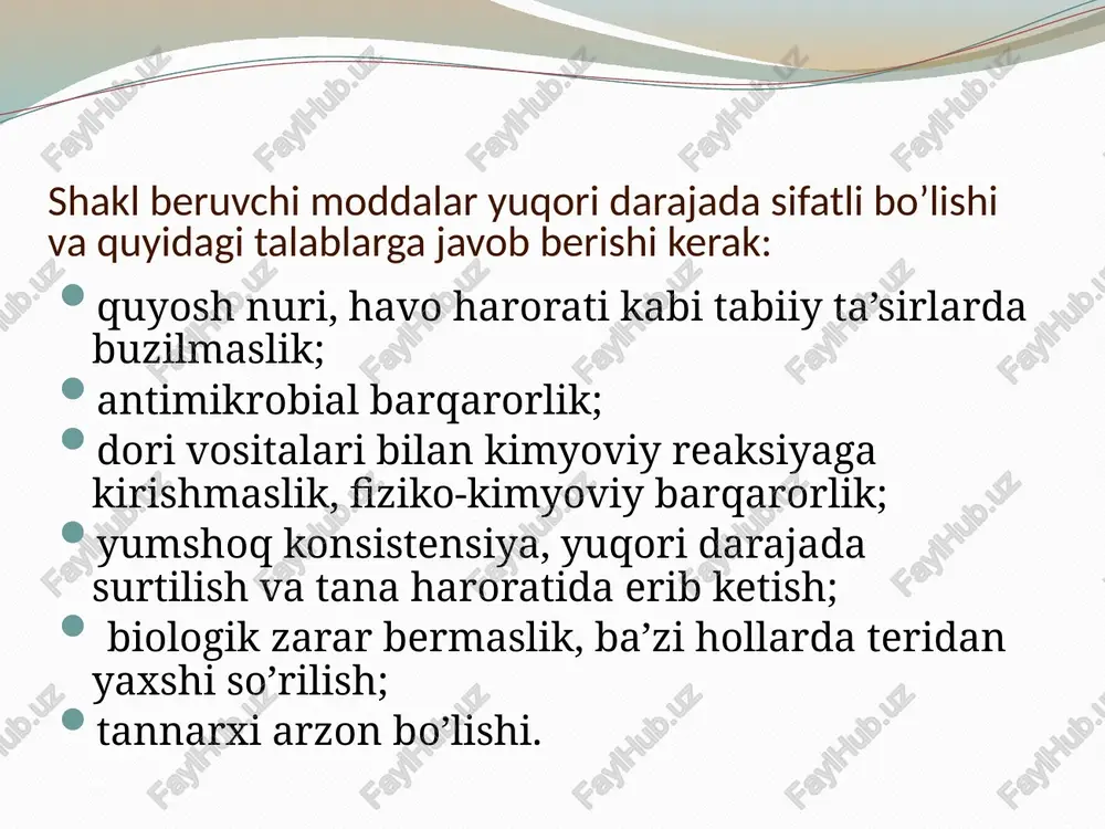 d. s. terining jarohatlangan joyiga surtish uchun. yoki, rp.: crem hydrocortisoni 1 % — 10,0 d. s. terining jarohatlangan joyiga surtish uchun murakkab tarkibli kremlar ko’pincha ofisinal bo’ladi va reseptda asosan qisqartirilgan holda yoziladi. rp.: crem «belogent» 30,0 d. s. terining jarohatlangan joyiga surtish uchun. gel (gel) gel — yumshoq, dozalanmagan, qovushoq konsistensiyaga ega, ofisinal dori shakli bo’lib, teri kasalliklarini davolash va rezorbtiv samara olish uchun buyuriladi. gel asosiy ta’sir qiluvchi modda (basis), shakl beruvchi indifferent moddadan (constituens) iborat. gel tayyorlashda shakl beruvchi modda sifatida, surtmalardan farqli o’laroq, jelatin yoki agar-agar qo’llaniladi. surtma va pastalar kabi, reseptda qisqartirilgan holda yoziladi. shakl beruvchi modda ko’rsatilmaydi. rp.: belgisidan keyin qaratqich kelishigi bosh harfda dori shaklining nomi (gel), so’ngra qaratqich kelishigi bosh harfda dori moddasining nomi, konsentrasiyasi (foiz yoki grammlarda), tiredan keyin gelning og’irligi grammlarda ko’rsatiladi: masalan: rp.: gel troxevasin 2 % — 40,0 d. s. kuniga 3 mahal teriga suriladi. murakkab tarkibli …
