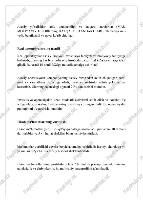 uvchilarga ishonchli ma'lumot berishdir. buxgalteriya hisobi siyosati qo'llanmasi aktivlar, majburiyatlar va kapitalni baholash metodlarini aniq belgilab beradi, bu esa moliyaviy hisobotlarning 5 asosiy elementini aks ettiradi. hozirgi buxgalteriya ma'lumotlari kompaniyaning likvidligi, rentabelligi va barqarorligini baholash uchun muhimdir, ular moliyaviy hisobotlarning 3 ta asosiy shaklini shakllantiradi. ichki nazorat tizimi ichki nazorat tizimi 2024-yilda moliyaviy hisobotlarning ishonchliligini ta'minlash uchun muhim. bu aktivlarni himoya qilish va operatsiyalarni samarali boshqarish jarayonidir. ichki nazorat tizimi xatarlarni baholashni o'z ichiga oladi. bu risklarni aniqlash, tahlil qilish va minimallashtirish strategiyalarini ishlab chiqishni talab etadi. ichki nazorat tizimi coso modeliga asoslanadi. bu nazorat muhiti, risklarni baholash, nazorat faoliyati, axborot va kommunikatsiya, monitoring faoliyatini o'z ichiga oladi. hisob siyosatiga o'zgartirishlar kiritish tartibi hisob siyosatiga o'zgartirishlar 1-yanvardan kiritiladi, agar normativ-huquqiy hujjatlarda boshqa sana ko'rsatilmagan bo'lsa, bu o'zgarishlar moliyaviy hisobotga ta'sir qiladi. hisob siyosatiga o'zgartirish kiritish sabablari aniq asoslanishi kerak; masalan, o'zbekiston respublikasi qonunchiligidagi o'zgarishlar yoki moliyaviy hisobotning ishonchliligini oshirish. o'zgartirishlar …