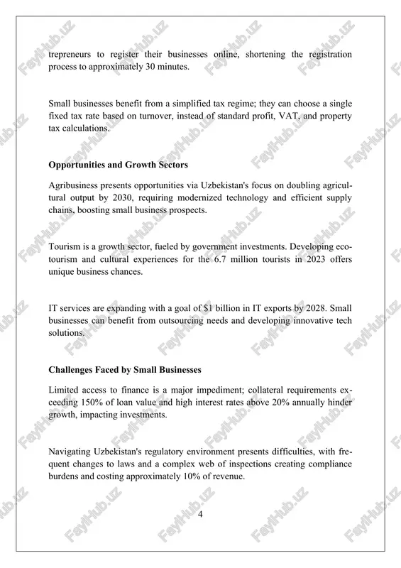 h initiatives like 'digital uzbekistan 2030,' aiming to equip over 50% of smes with essential digital tools for managing operations and sales. despite progress, only around 15% of uzbek smes currently engage in e-commerce, highlighting significant untapped potential and the need for enhanced digital skills training and infrastructural development. case studies of successful small businesses art soft tex, a textile producer, boosted exports by 30% in 2022 using government-backed loans for modernizing equipment, increasing overall production capacity to meet international standards. saodat travel agency capitalized on uzbekistan's tourism boom, offering specialized silk road tours and leveraging digital marketing to achieve a 45% growth in bookings by 2023. eco-product startup 'green life' secured a 25% market share in the organic food sector through innovative packaging and strategic partnerships with local farmers, promoting sustainable practices. impact of small businesses on job creation small businesses in uzbekistan constitute roughly 75% of all enterprises, …