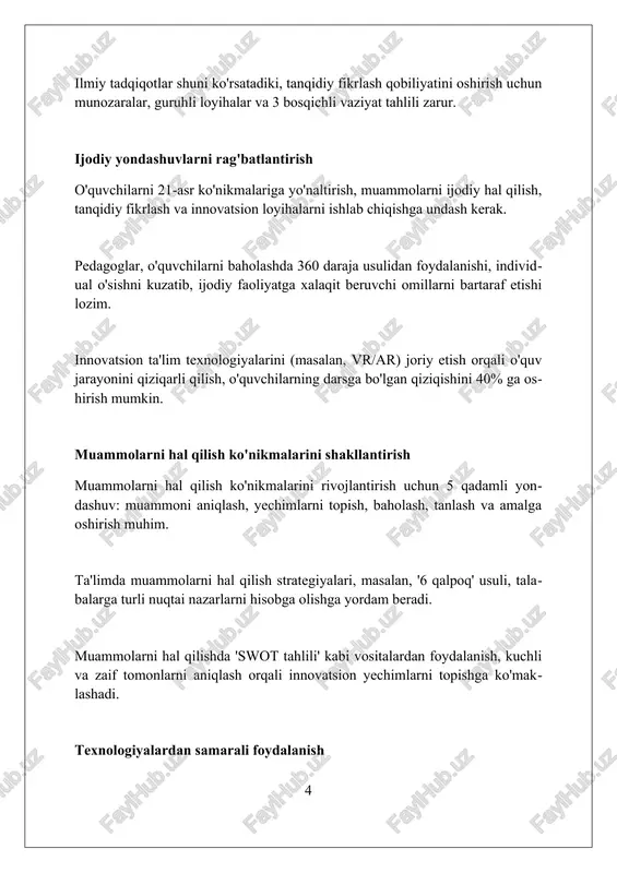 iy fikrlash, hamkorlik) rivojlantirish uchun, modullarni o'zgartirish imkonini beradi. moslashuvchan o'quv dasturlari individual ehtiyojlarni qondirish uchun 70% majburiy va 30% tanlov fanlar nisbatini qo'llab-quvvatlab, talabaning qiziqishiga moslashadi. o'quv dasturining moslashuvchanligi, masofaviy ta'limning o'sishi bilan bog'liq bo'lib, 5g texnologiyasi yordamida interaktiv va real vaqtda darslarni tashkil etishni ta'minlaydi. baholash tizimini takomillashtirish baholash mezonlarini 100 ballik tizim asosida qayta ko'rib chiqish, har bir topshiriqning qiyinlik darajasiga mos ravishda ball ajratish orqali adolatni ta'minlash zarur. formativ baholashning ulushini 30 foizgacha oshirish orqali talabalarning o'quv jarayonida faol ishtirokini rag'batlantirish va bilimlarini mustahkamlash maqsadga muvofiq. baholashda axborot texnologiyalaridan, xususan, onlayn testlar va avtomatlashtirilgan tekshirish tizimlaridan foydalanish jarayonini optimallashtiradi hamda xolislikni oshiradi. amaliy misollar va muvaffaqiyatli tajribalar singapurda 'o'rganish uchun o'ylab topish' dasturi o'quvchilarni 21-asr ko'nikmalariga yo'naltiradi, muammolarni hal qilish va innovatsion fikrlashni rivojlantiradi. finlandiya ta'lim modeli hamkorlik, loyihaga asoslangan o'qitish va ijodiy ifoda orqali keng qamrovli rivojlanishga urg'u beradi, 7 yoshdan maktabga qabul qiladi. estoniyaning …